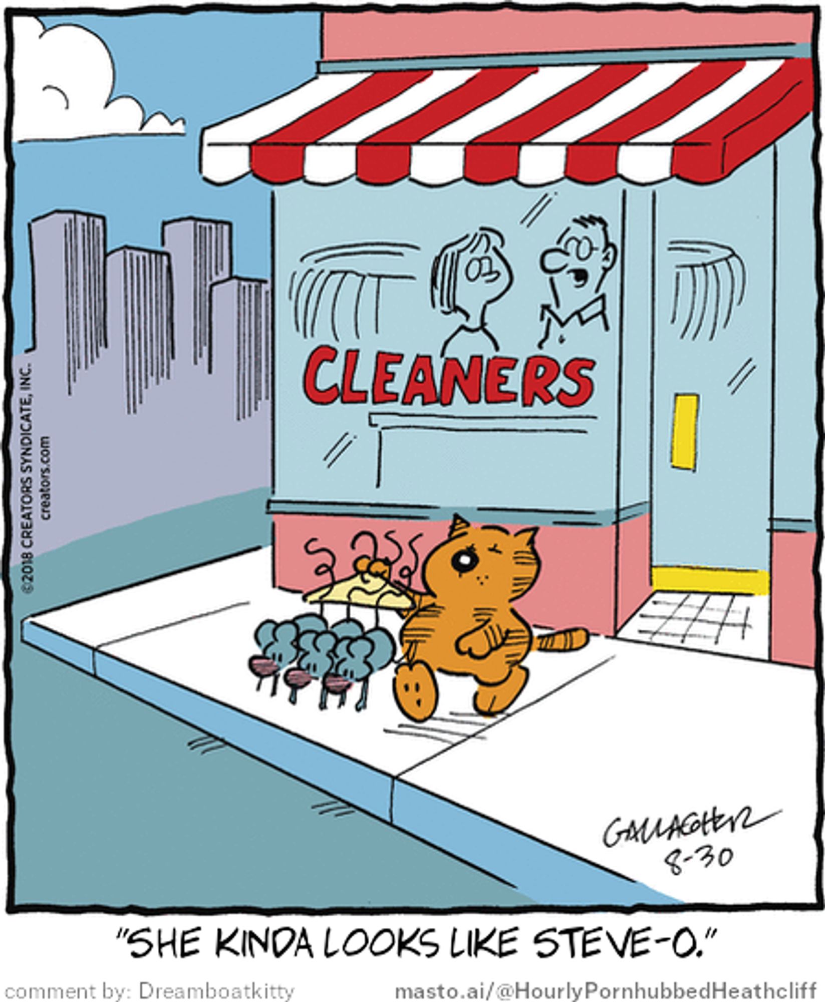 Original Heathcliff comic from August 30, 2018
New caption: "She kinda looks like Steve-O."
Comment by: Dreamboatkitty