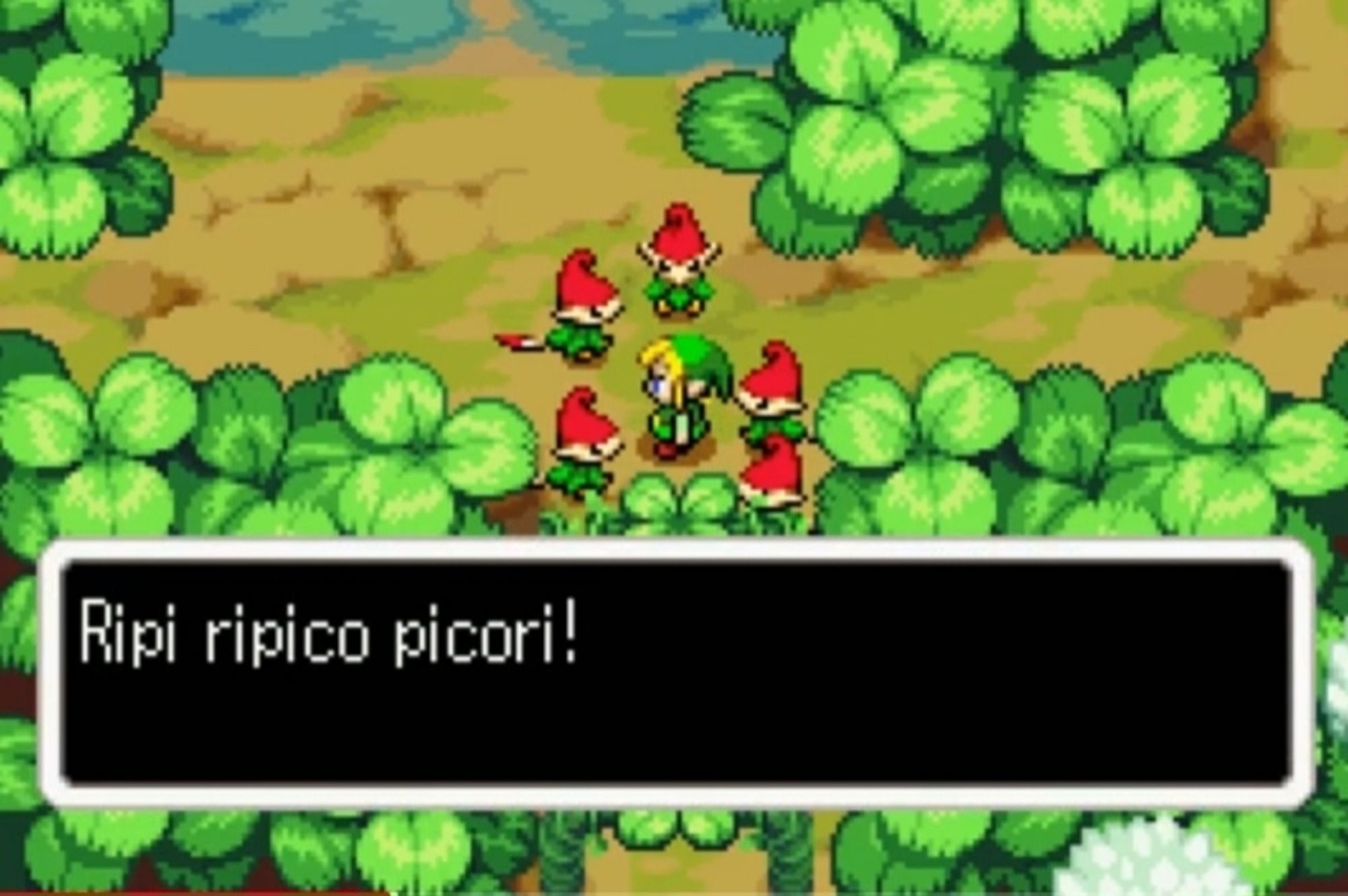 Minish Cap gameplay showing a Minish talking. "Ripi ripico picori!".