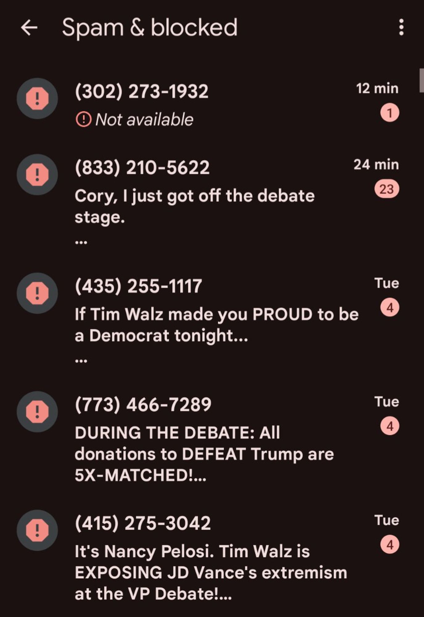 Screenshot of my phone's spam & blocked list, showing a bunch of solicitations from politicians