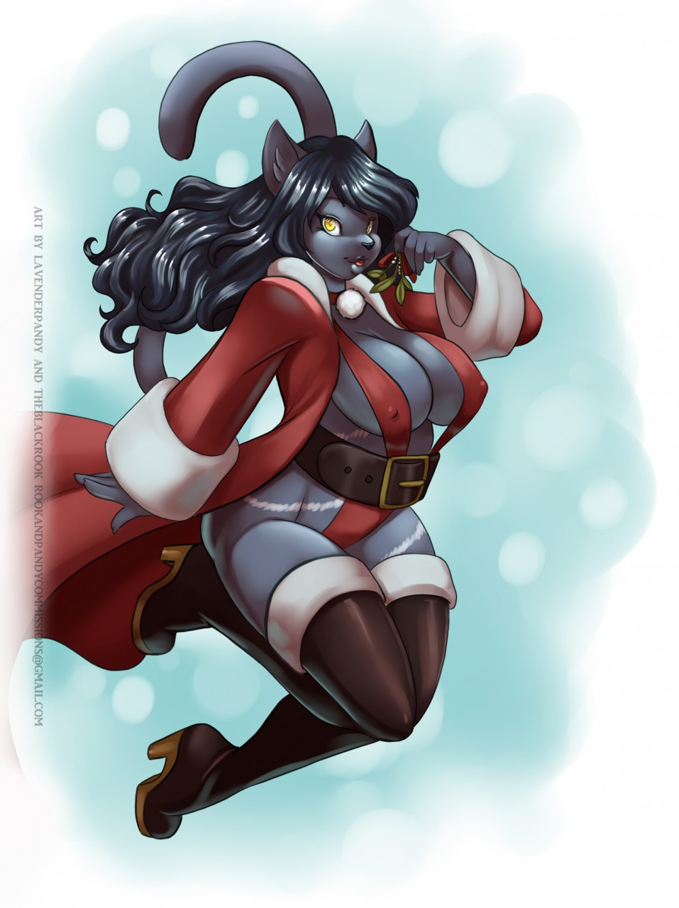 Atrele in a christmas themed longcoat, thigh-high boots, and slingkini with a wide belt.