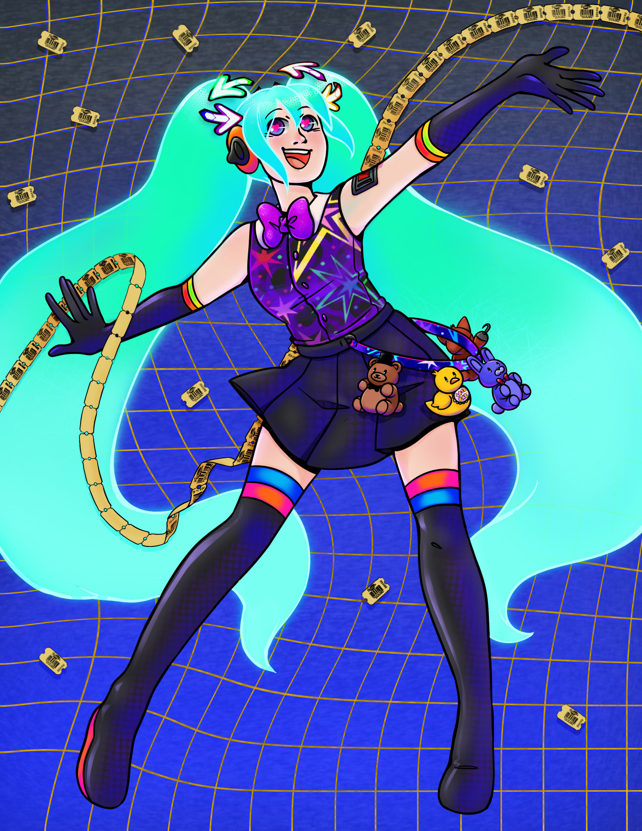 The vocaloid Hatsune Miku but with an arcade theme to her look. Her pigtails glow a bright blue/green with the DDR arrows acting as hair ties. She has hearts in her eyes and 80's style, orange headphones. She has a vest with black light images of starburts and confetti like arcade carpet, a purple bow, and a black pleated skirt. On the top of her left arm, in place of her 001 tattoo, she has a coin insert slot like an arcade machine. Her sleeves and tall, thigh high boots are a matching black vinyl material with glowing blue and red bands at the top of them. She also has a lanyard with key chain stuffed animals attached to them that look like the Five Nights at Freddy's characters. In the background there is a wavy fun grid with arcade tickets scattered over it. 