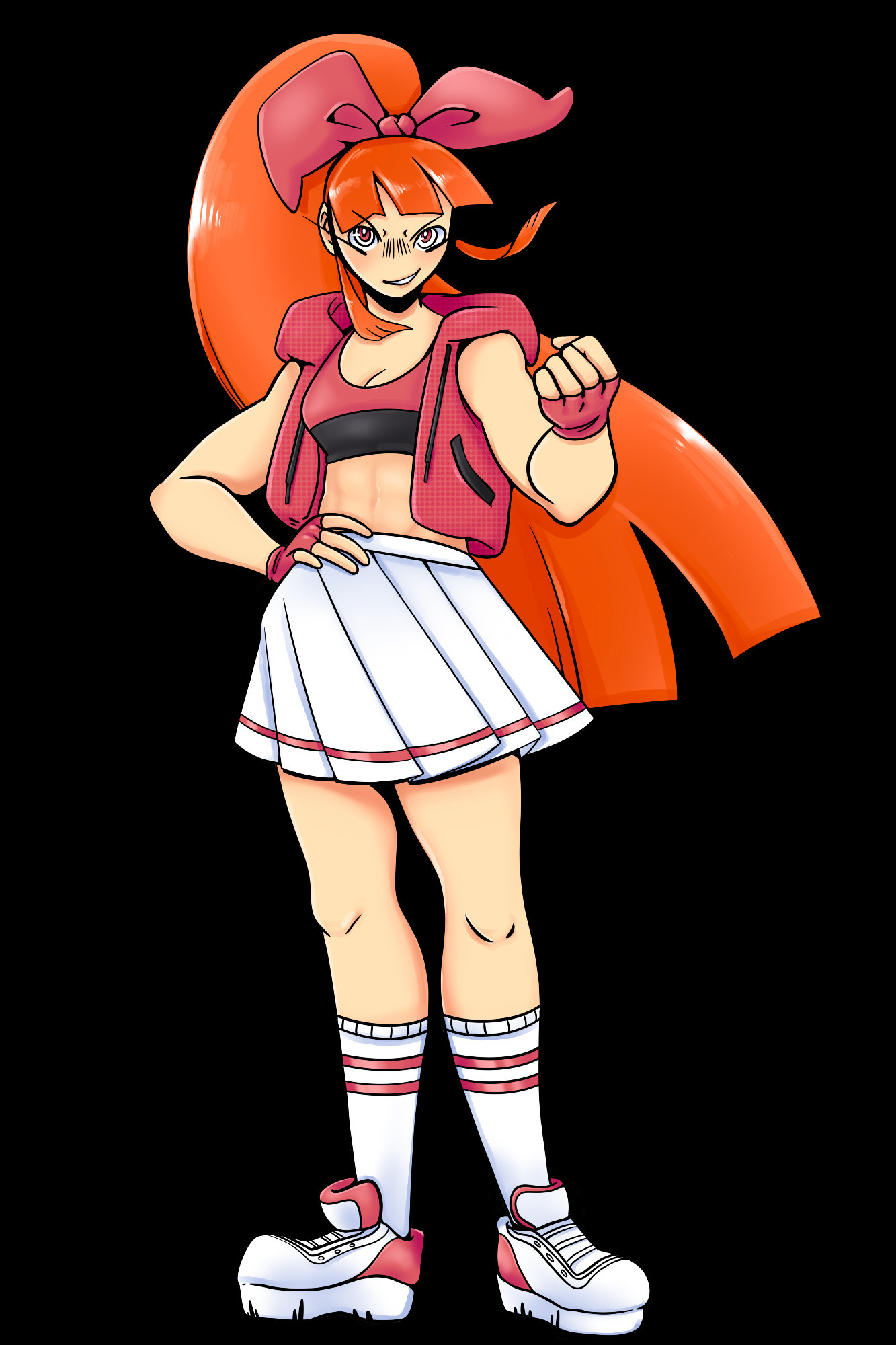 Blossom from Power Puff Girls. She is looking at us determined, with her right hand on her hip and the other raised in front of her in a fist as if she is ready to fight. She is wearing an all pink and white outfit, with black accents. Her hair is in her iconic ponytail with a pink bow scrunchie, a sleeveless athletic jacket with a two-toned sports bra for the top, and a white tennis skirt for the bottom. She is also sporting long white socks and white tennis shoes with pink accents.  