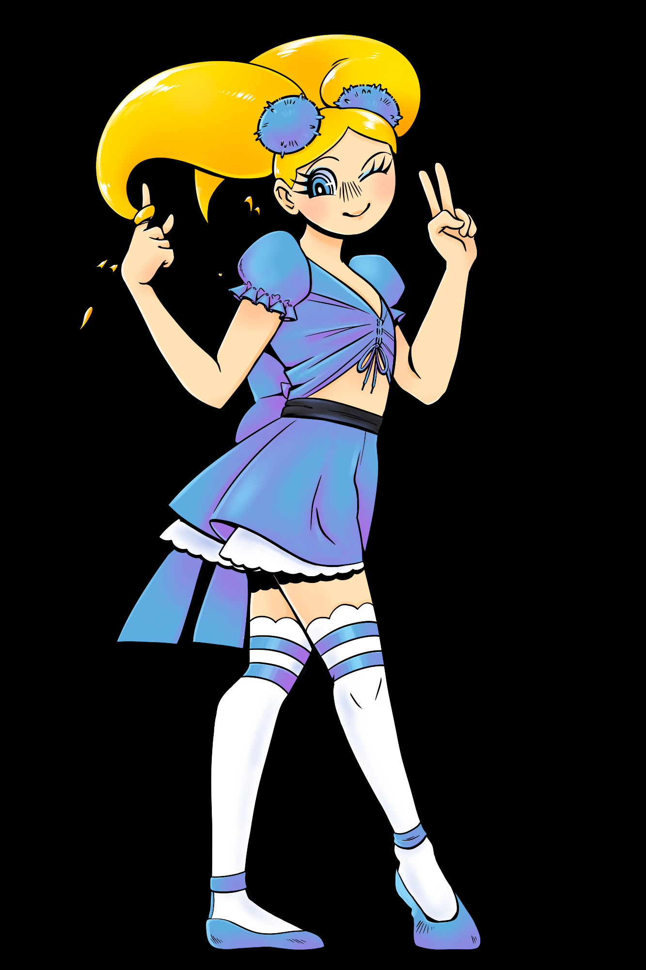 Bubbles from Power Puff Girls. She is wearing an all blue and white colored outfit. Her hair is in pig-tails that have pom pom hair ties, a dress that shows her midriff with a bow in the back, white thigh-high socks that have a scalloped top and blue bands on the thigh, and ballet flats. She is twirling her hair with her right hand and the other hand is doing a peace sign. She is winking and smiling at you. 