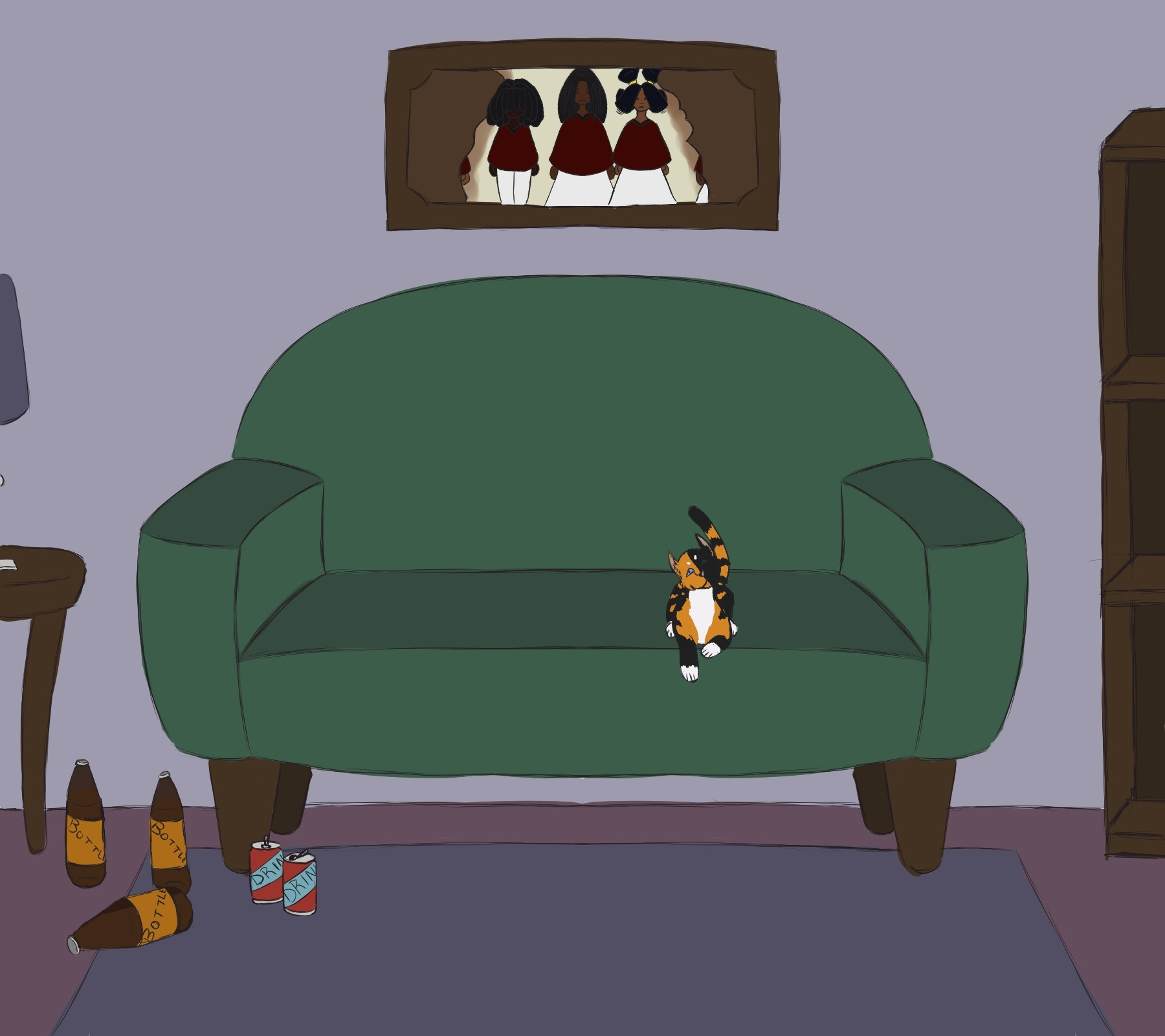 Cat lying on a green couch , a picture of 3 black children in matching attire with the edges burnt above it, bottles and cans on the carpet in front of the couch. A table and empty bookshelf on either side of the couch