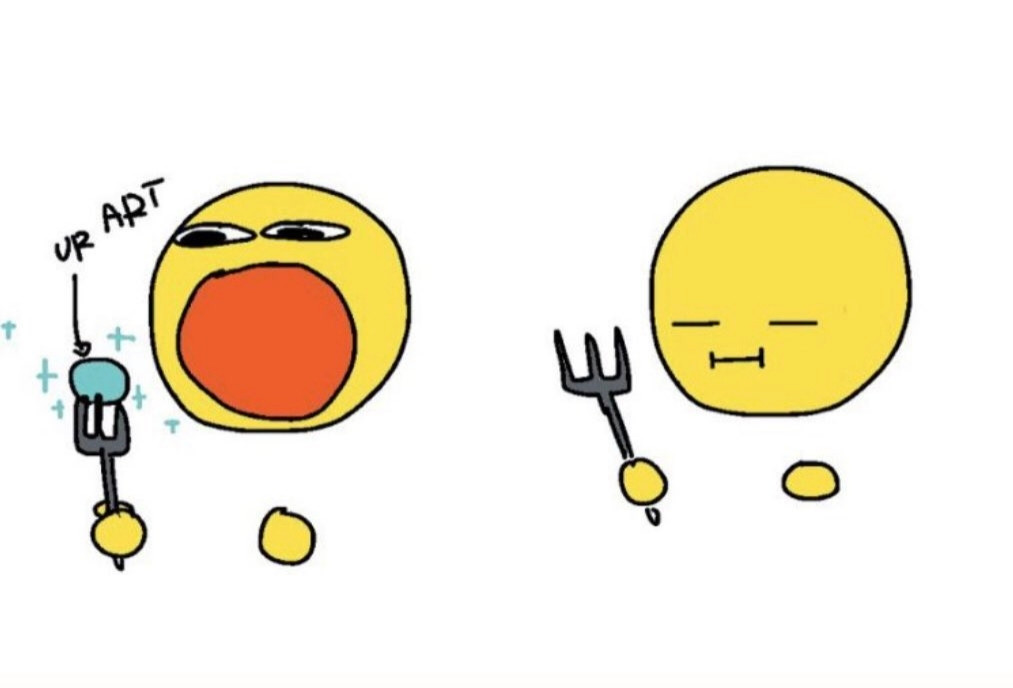 An emoji with an open mouth holding "Ur Art" on a fork > "Ur Art" is eaten and the emoji is satisfied