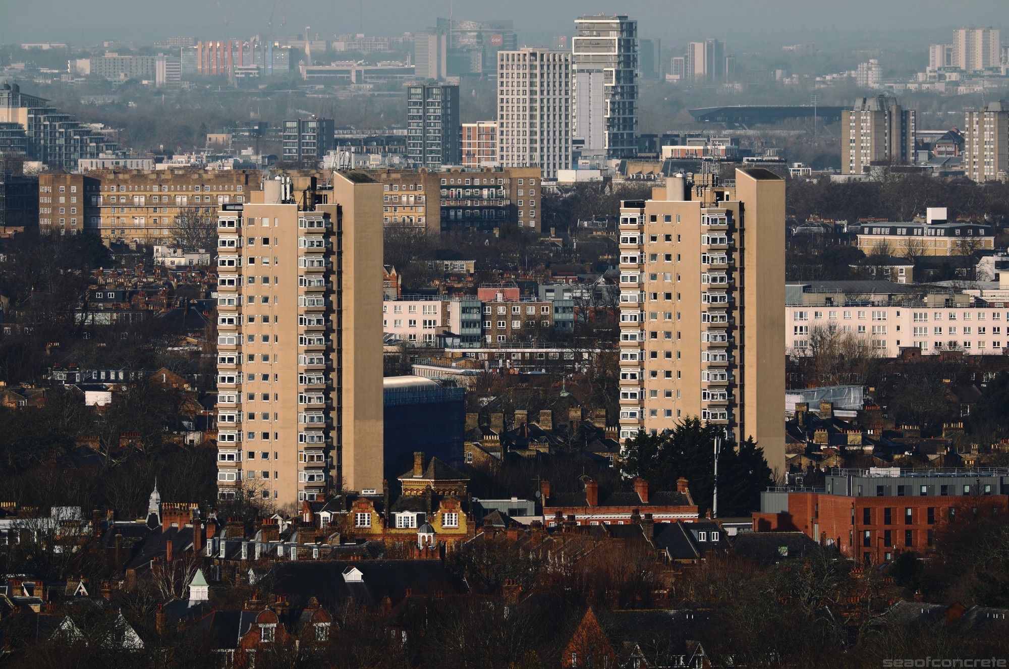 Herne Hill towers, viewed from Dawson’s Height estate, are illuminated by the sun on a cold February morning.