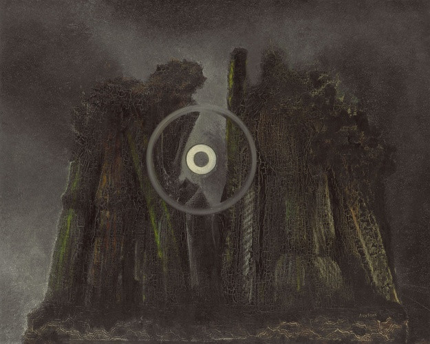 Among his many recollections of childhood, Max Ernst often recounted his fear and fascination with the forest that surrounded his home. He wrote of feeling “delight and oppression and what the Romantics called ‘emotion in the face of Nature.’” By expressing his thoughts in these terms, Ernst linked himself with the spiritual landscape tradition of Romanticism, which conceived of an invisible realm at work in the natural world.
This dark and mysterious forest scene dates to one of the most creative periods of Ernst’s career. Spurred by the Surrealist leader André Breton’s proclamation of “pure psychic automatism” as an artistic ideal, he developed the innovative technique of frottage, his term for the method of reproducing a relief design (like the surface of a piece of wood) by laying paper or canvas over it and rubbing it with a pencil, charcoal, or another medium. In Forest and Sun Ernst used this technique to create a petrified forest, which he imbued with a sense of primordial otherworldliness. By scraping away almost-dry paint on the canvas (a process he called grattage), the artist produced the encircled sun at the center of the composition. Ernst painted six variations of the forest and sun theme. As in the other five canvases, the tree trunks suggest a letter in the artist’s name: in this case, a capital M.

Bequest of Richard S. Zeisler