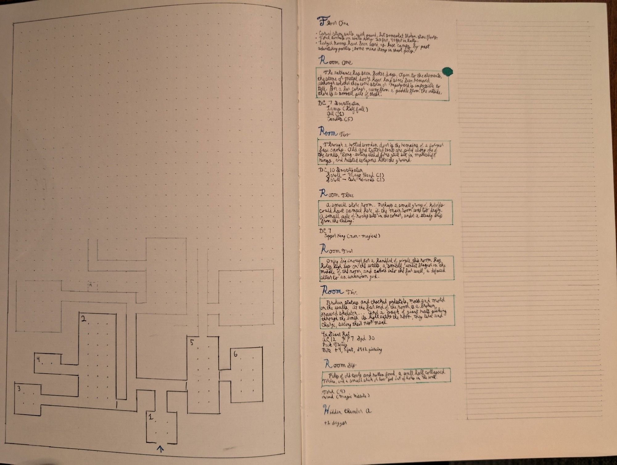 A notebook with a half drawn dungeon map, plus written descriptions and room contents