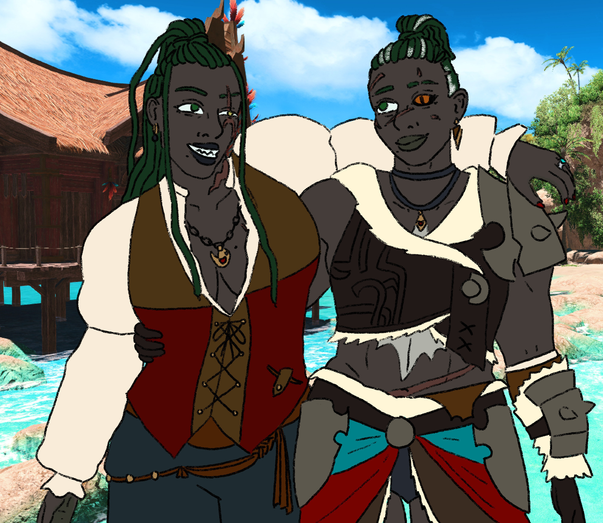 a drawing of two roegadyn women in tuliyollal with their arms over each others shoulder. the left roegadyn has long green locs, a scar over her left eye, and is wearing a loose shirt with a leather vest. the right roegadyn has short green locs with white streaks. her left eye is orange and draconic in nature. she wears leathers and armour. both women are smiling broadly.