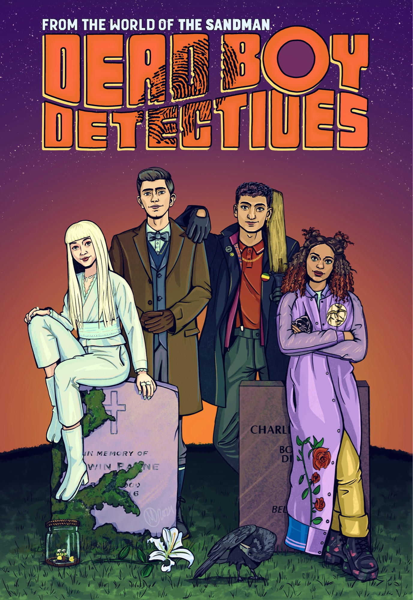 Final render of my faux-comic cover for Netflix’s Dead Boy Detectives series featuring Niko Sasaki, Edwin Payne, Charles Rowland, and Crystal Palace gathered around two gravestones under the show/comic logo at sunset.