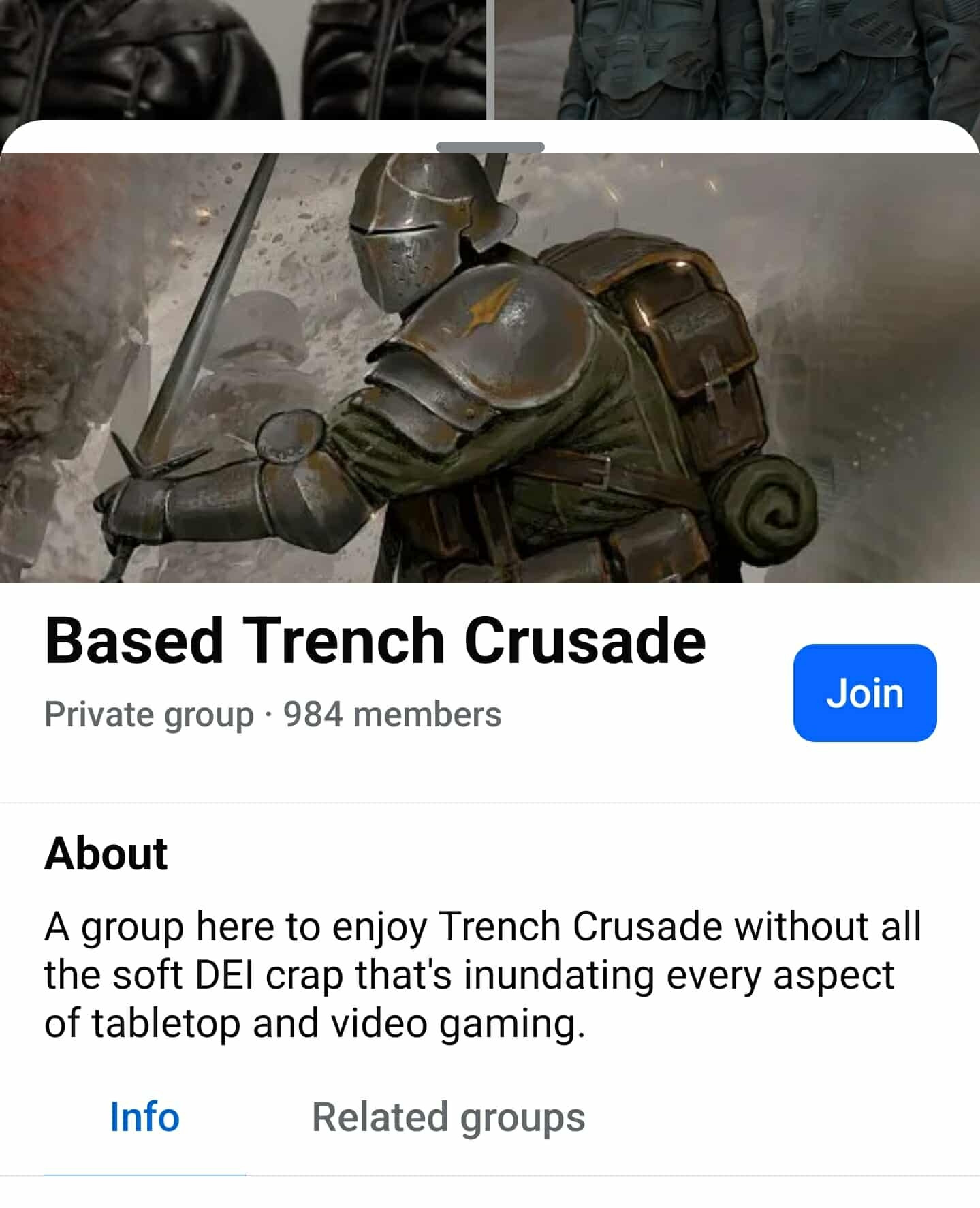 Facebook group header for "Based Trench Crusade" - "a group...without all the soft DEI crap...inundating tabletop and video gaming."
