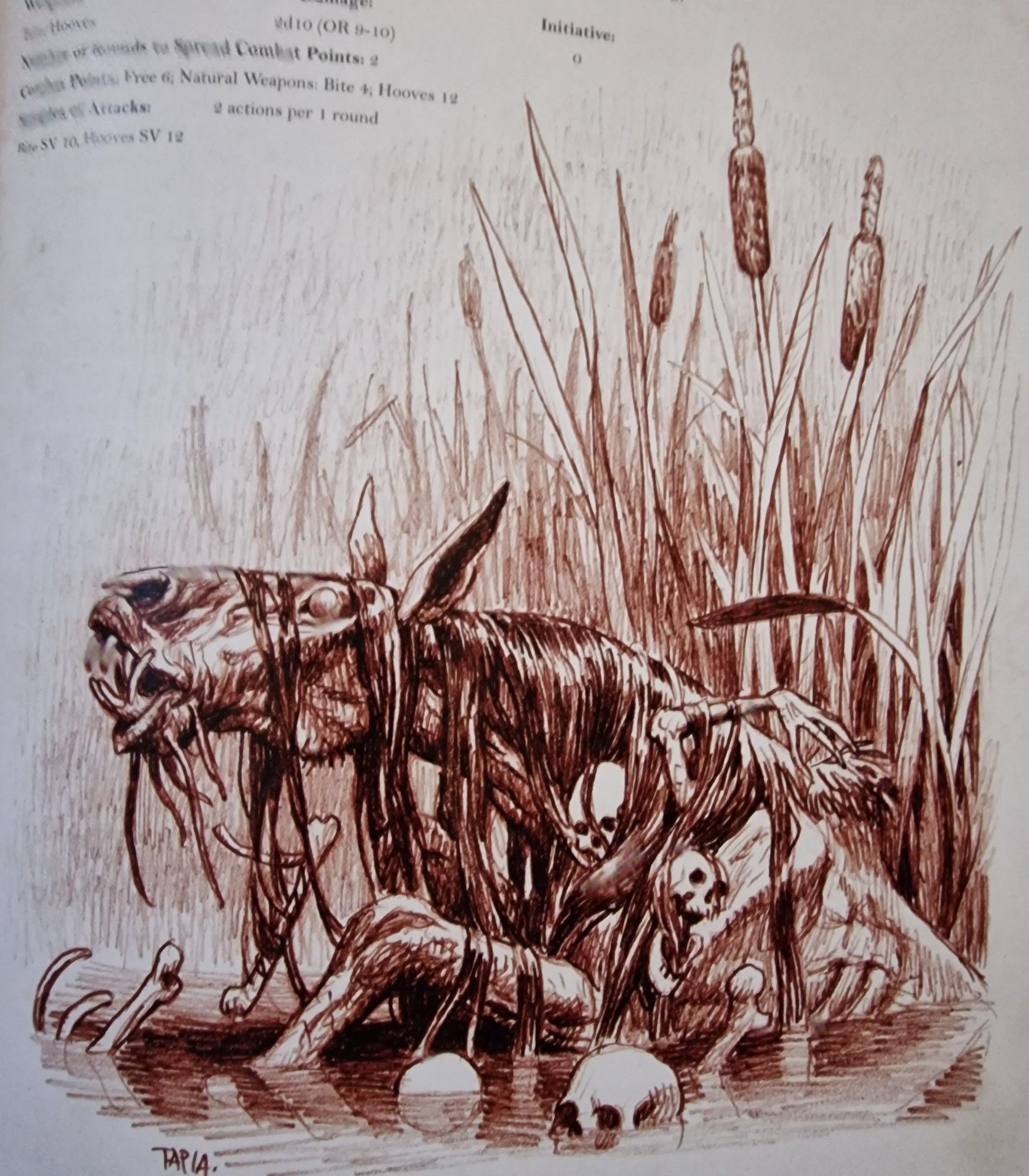 Trudvang illustration: a necrotic kelpie, hung with human remains, emerging from a Reed bed.