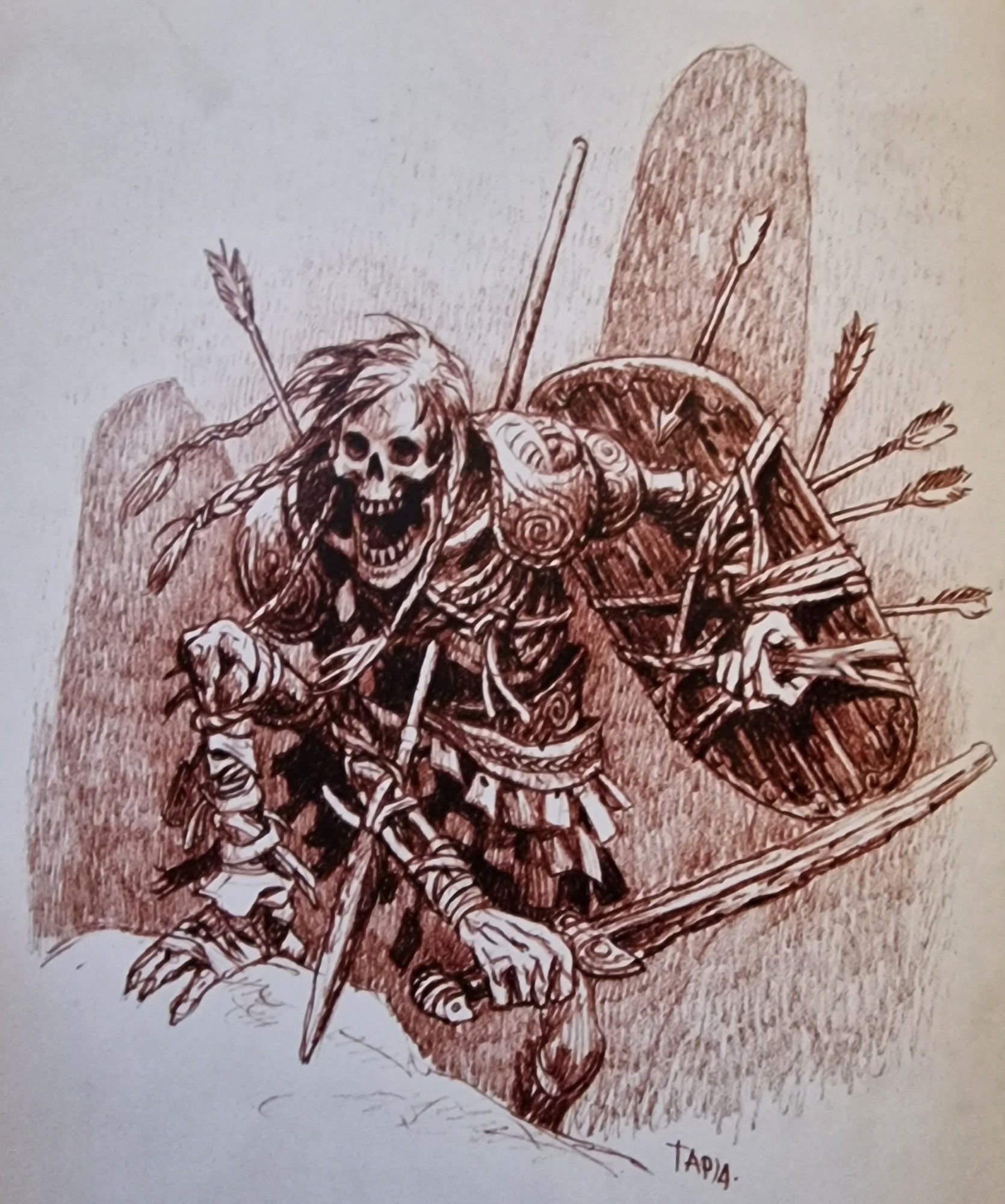 Trudvang illustration: a Skeletal draugr warrior, stuck through with spear and arrows, leaps to the attack.