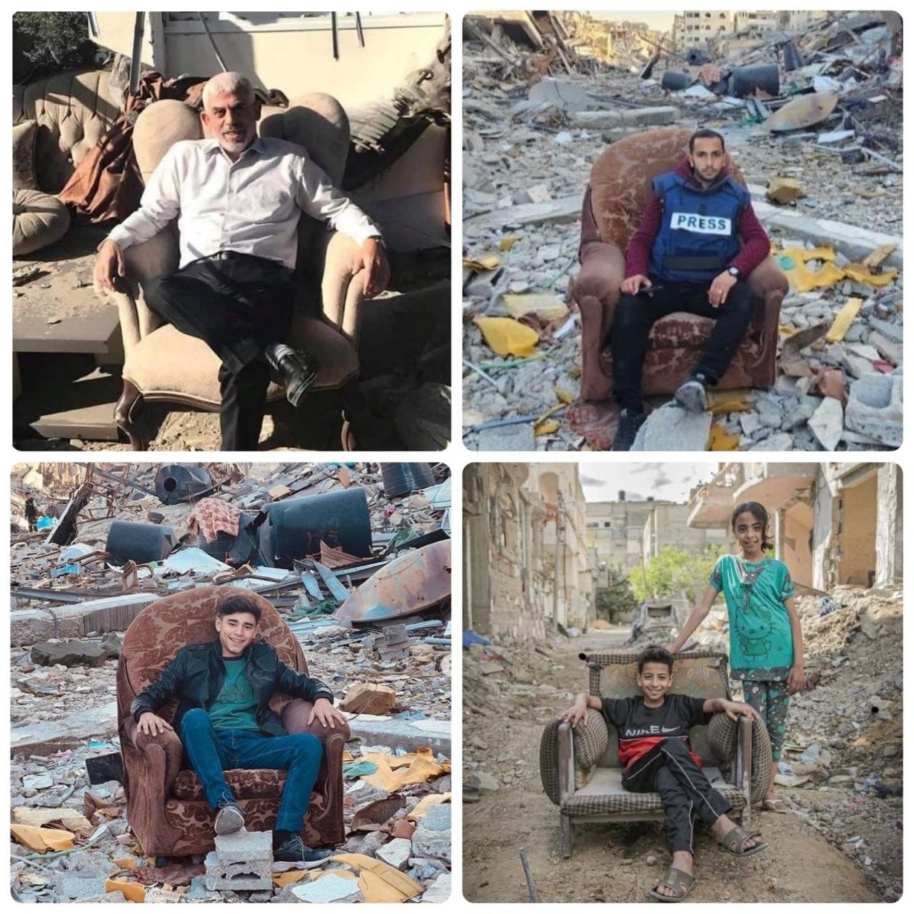 The original iconic photo on the top left of Sinwar sitting and smiling smugly at the camera with his legs crossed, mocking the occupation amongst the rubble.

And in the same collage or three more pictures, two of them being children and youth posing in the same manner as the martyr Yahya Sinwar with smiles on their faces. The fourth picture is a man from the press in the area sitting in a chair in the same manner.