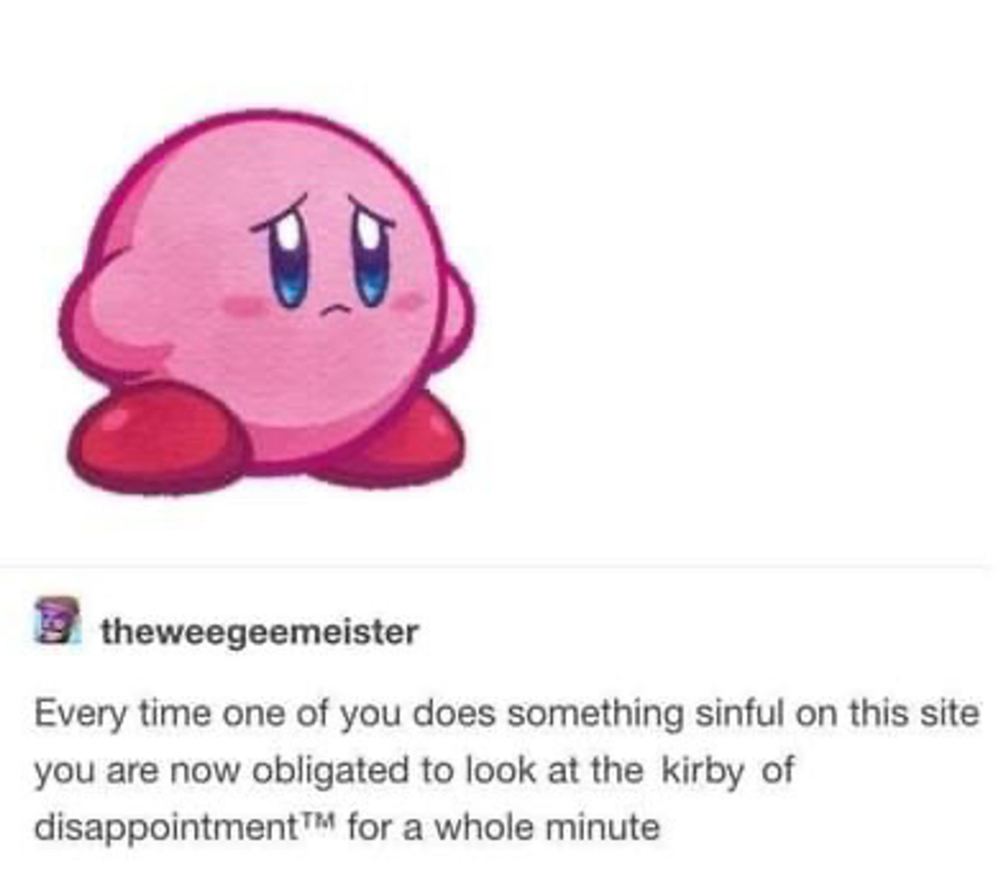 Every time one of you does something sinful on this site you are now obligated to look at the Kirby of disappointment ™️ for a whole minute