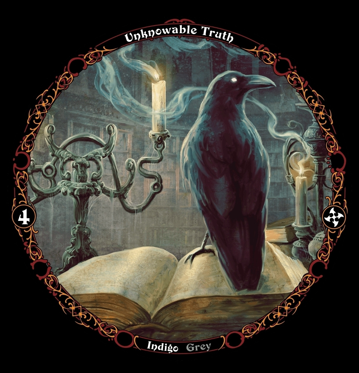 The Unknowable Truth card from the Invisible Sun RPG Sooth Deck. It is the 4 of Secrets. The art depicts a raven standing on an open book in a library, flanked by lit candles.