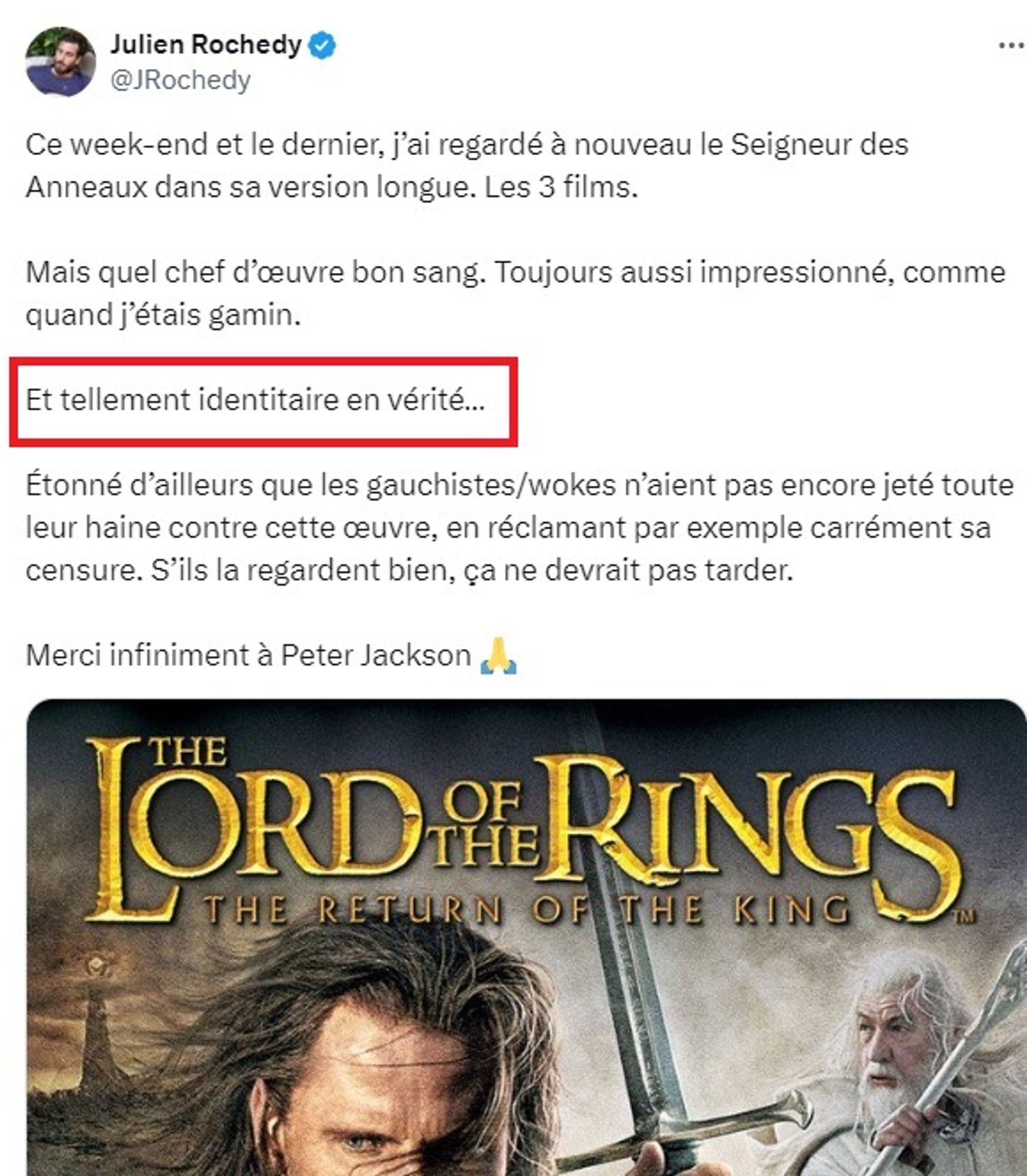 Capture d'écran d'un tweet de Julien Rochedy disant que le Seigneur des Anneaux est "tellement identitaire"