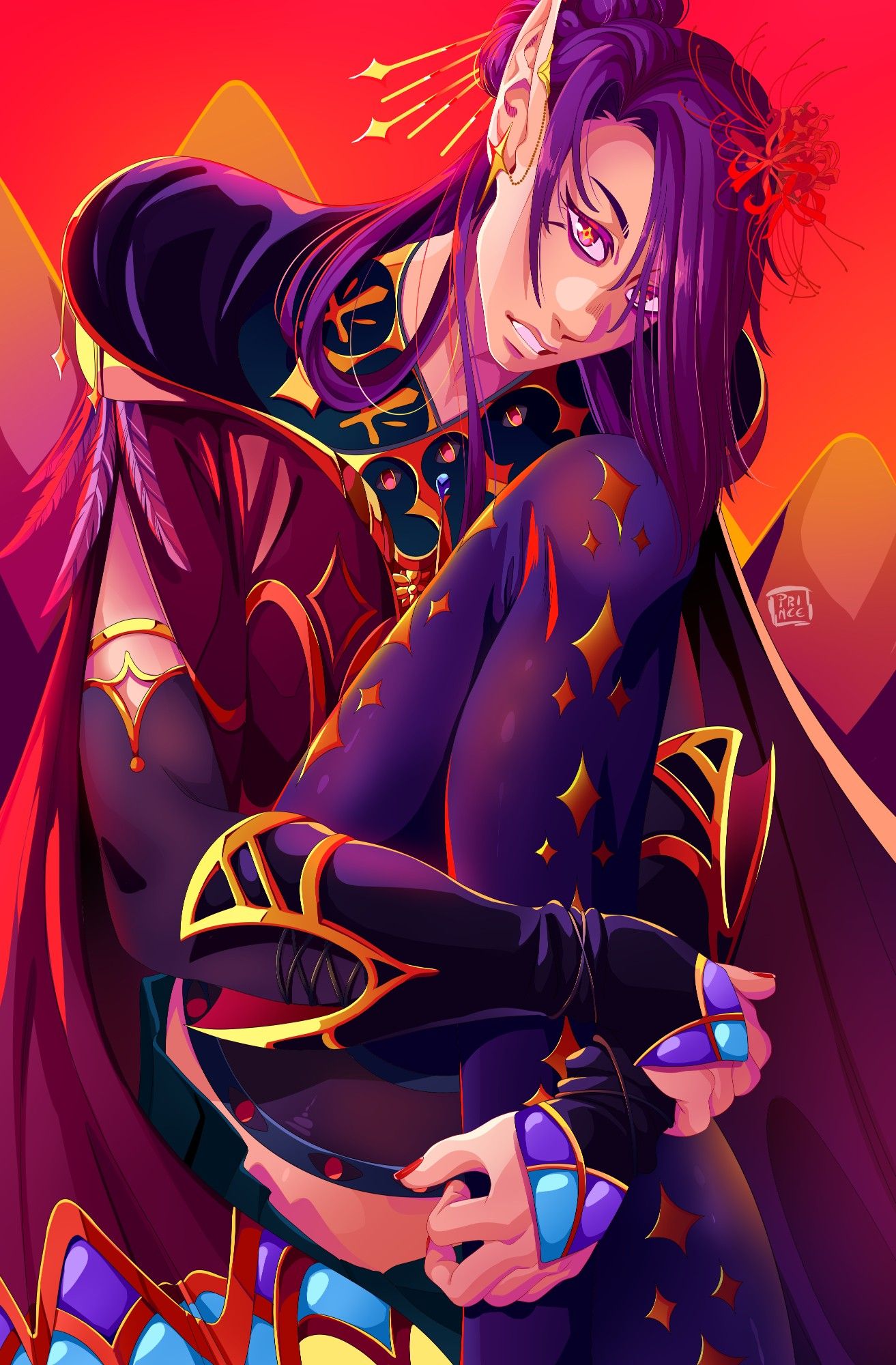 A digital drawing of a male elf with intense eyes staring directly at the viewer. The colour scheme is swathed in harsh reds. The character is draped in a wine red cloak with stained glass-like details and golden accents. A spider lily flower is attached to his long, purple hair.