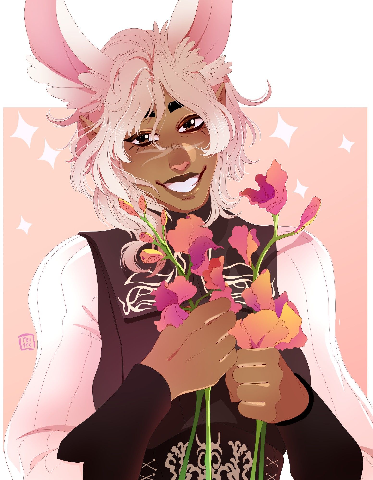 A digital drawing of a dark-skinned person with bunny ears and elf ears holding snapdragon flowers. They're smiling brightly.