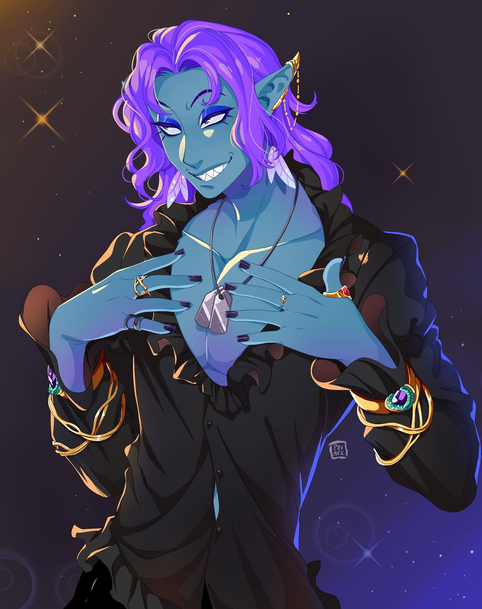 A digital drawing of a masc, ashen blue-skinned drow elf. He's wearing a black pirate shirt with frills on the hem and collar, his sleeves decorated with tight gold bracelets. The collar dips deep enough that most of his chest is exposed. He's posed with his hands on his chest in faux innocence, his fingers adorned with rings and his nails painted black. He's smiling with sharp, shark-like teeth and looking smugly to the side. He has long lower lashes and small, dark irises, his lids painted a deep blue. His hair is shoulder length and a vibrant purple, with some iridescent yellow peeking in. His long ears carry a hanging lobe earring in the shape of a fairy wing, and on the tips is a gold clip with a chain that also attaches to the side of his ear. He's wearing weathered dog tags. He's backlit by blue and yellow lights.