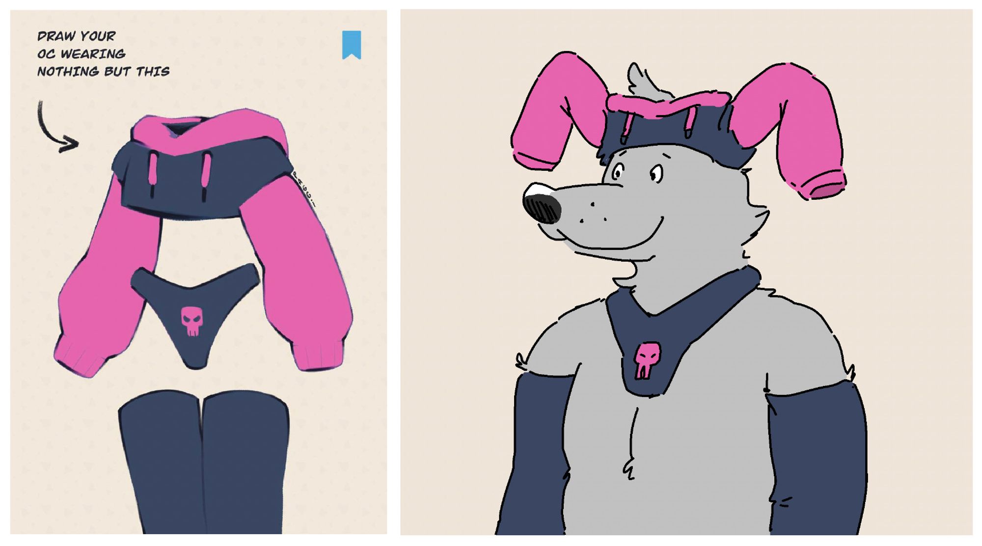 Anthropomorphic wolf wearing crop top sweatshirt on his head and scary thong underwear around his neck like a doofus