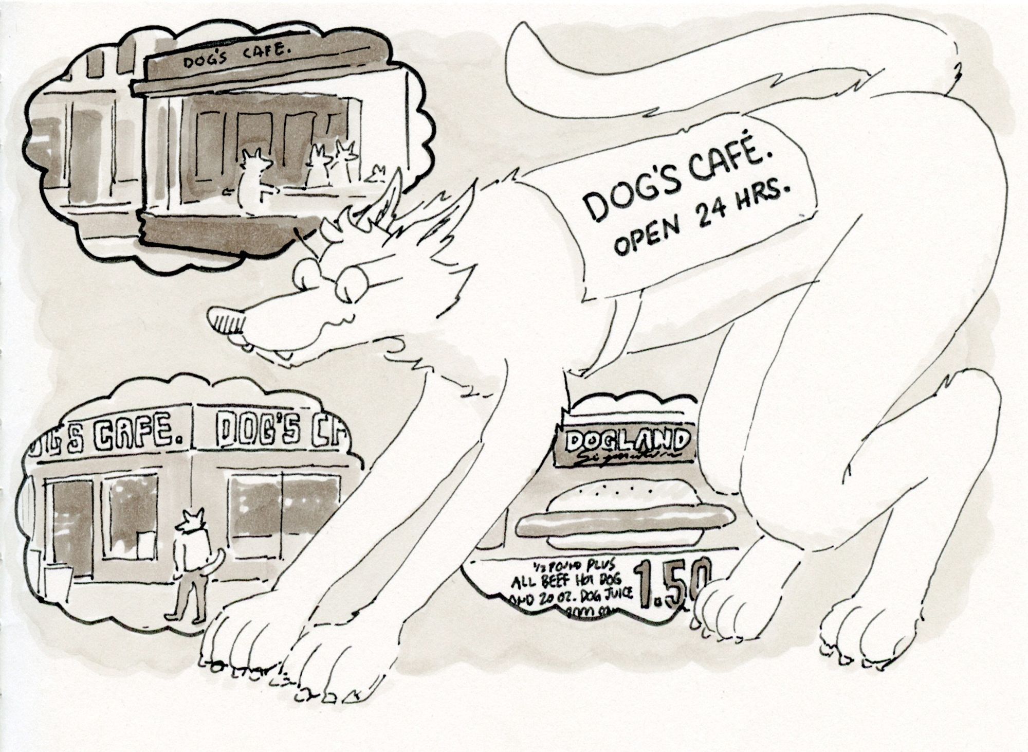 A bespectacled dog between anthro and feral in form stands on all fours wearing a harness that reads "DOG'S CAFE. OPEN 24 HRS." Around them are three views of various dog cafe establishments, in the style of "Nighthawks" by Edward Hopper, "Monk's Cafe" from Seinfeld and the Costco Food Court.