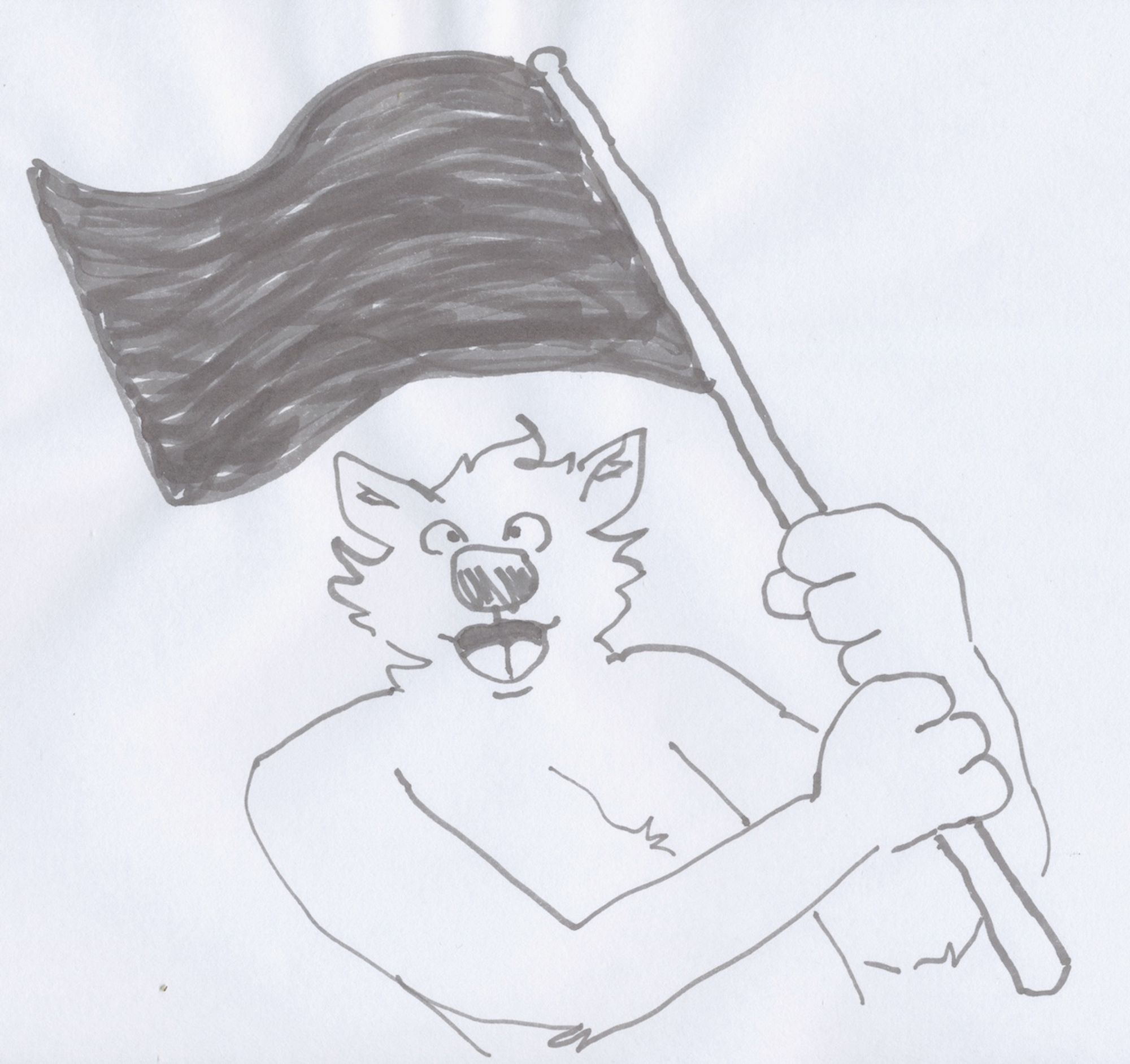 A wolf holds a roughly filled-in grey flag with revolutionary fervor.