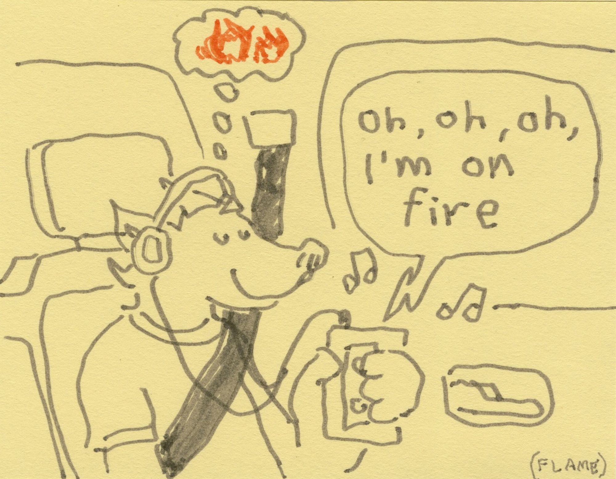 A young wolf listens to Bruce Springsteen's "I'm on fire" on a walkman while riding in a car.