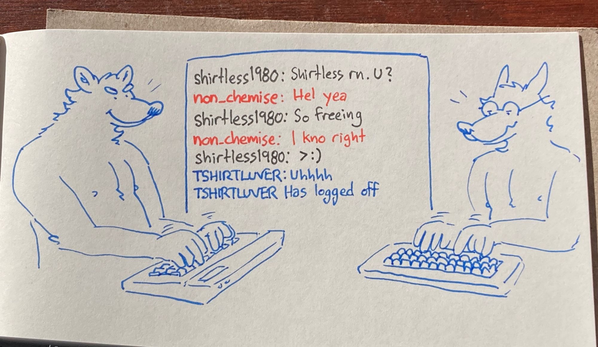 Two wolves are typing in keyboards, without shirts. Between them is the screenshot of a chat program:

shirtless1980: Shirtless rn. U?
non_chemise: Hel yea
Shirtless1980: So freeing 
non-chemise: I kno right
shirtless1980: >:)
TSHIRTLUVER:Uhhhh
TSHIRTLUVER Has logged off