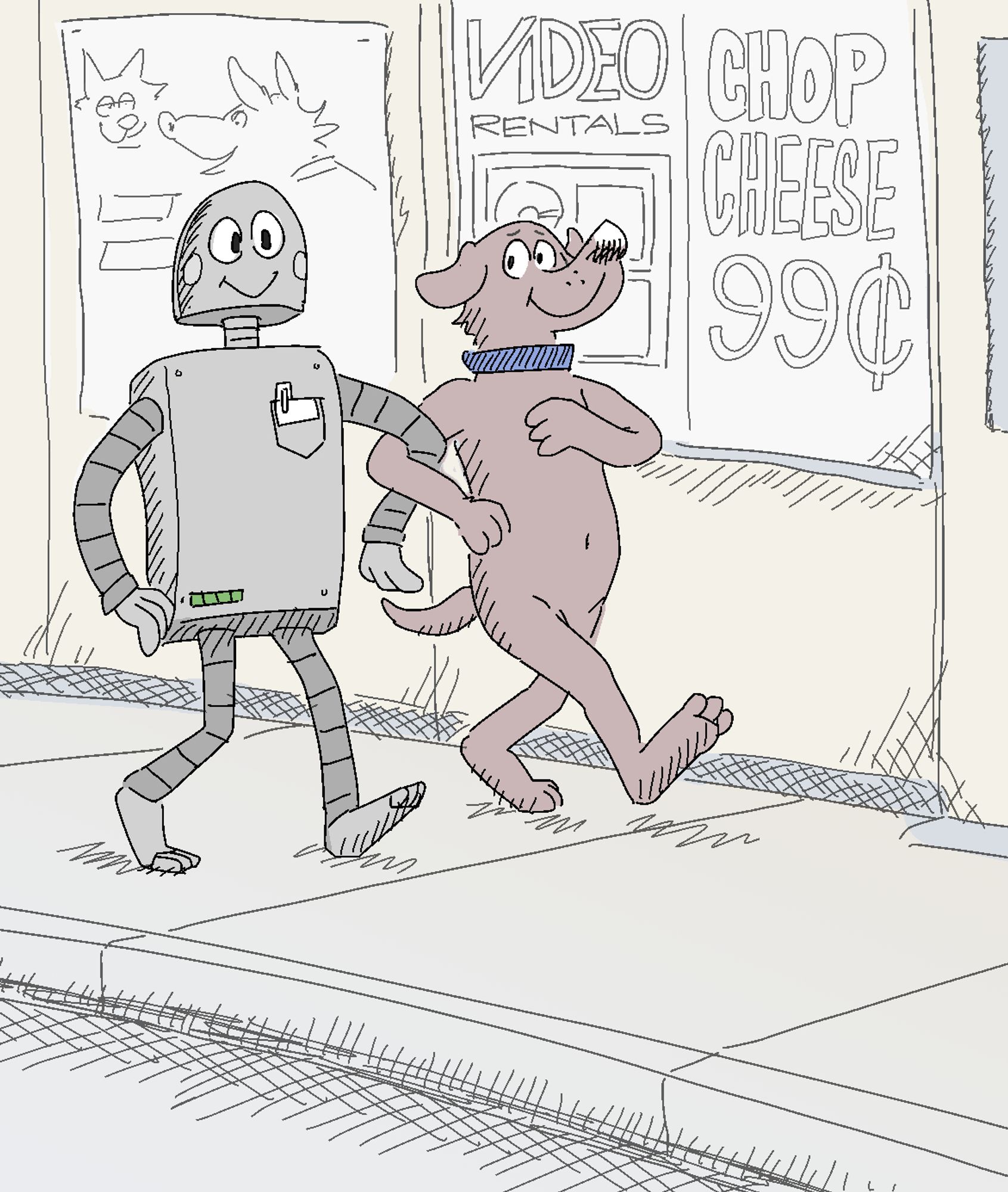 The gay couple from "Robot Dreams" walks arm-in-arm on a NYC street, drawn in the style of "Whatever Happened To Robot Jones?" Separated by 23 years but both recalling their own brand of 80's nostalgia, the two properties are combined to form a new visual and linguistic pun.