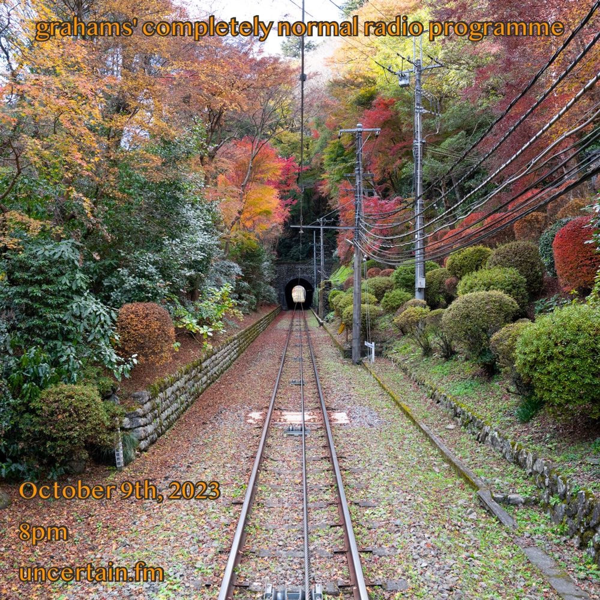 Train tracks headed into infinity at the center of the photo.  Trees lining either side, turning brown and red with autumn. 

Orange text overlaid promoting grahams' completely normal radio programme, info in the main post body