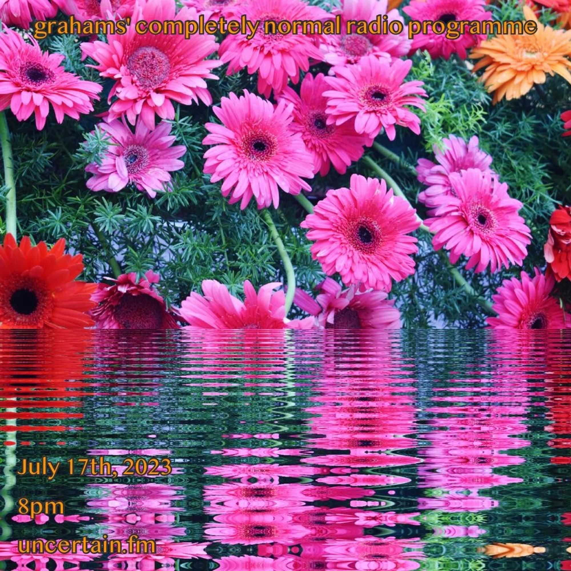 Pink flowers reflected in the ripples of a body of water.  

Orange text overlaid promoting grahams' completely normal radio programme, today at 8pm EDT at uncertain.fm