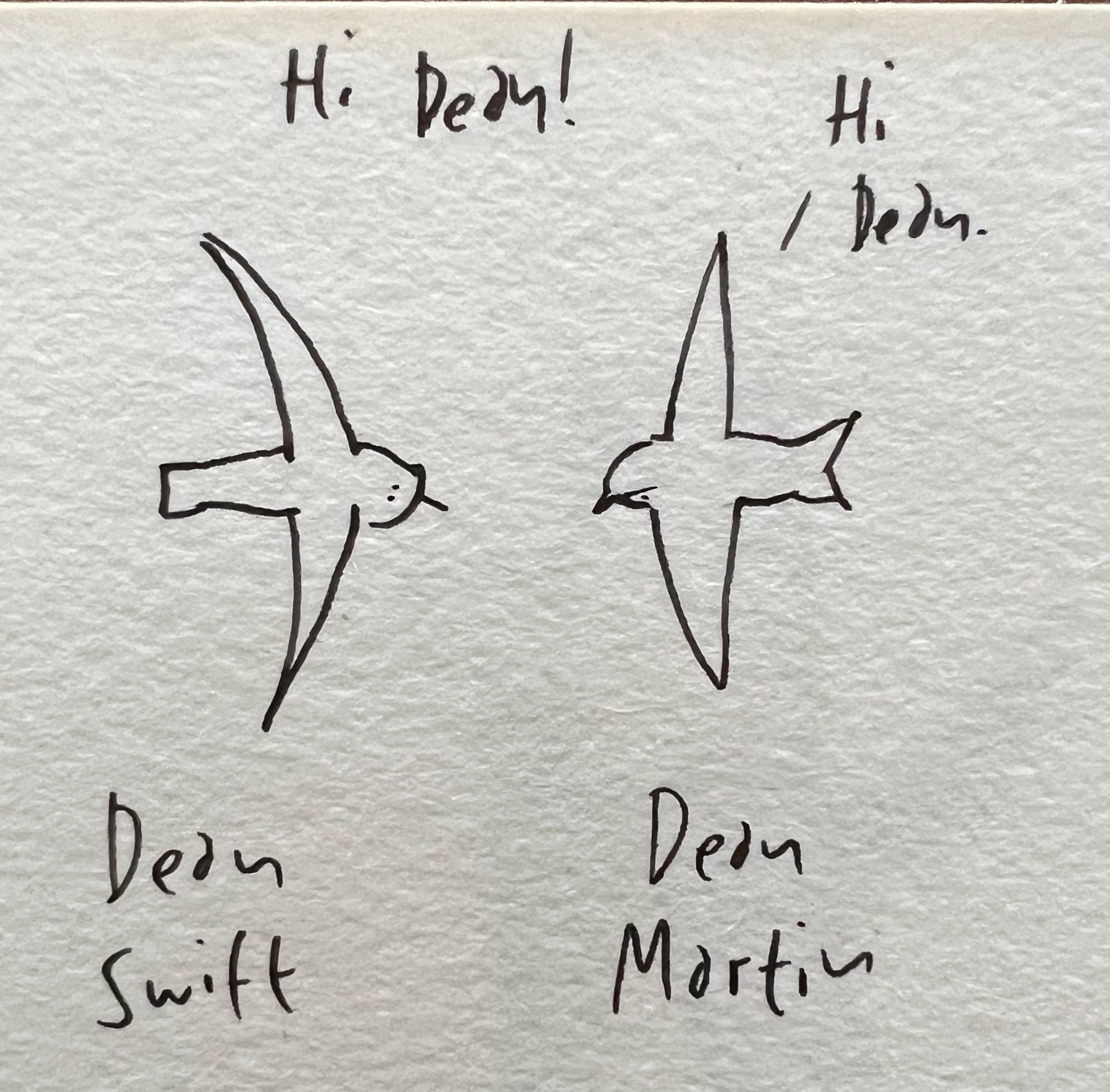 Cartoon featuring two simple bird drawings labeled "Dean Swift" and "Dean Martin," with greetings above each bird.