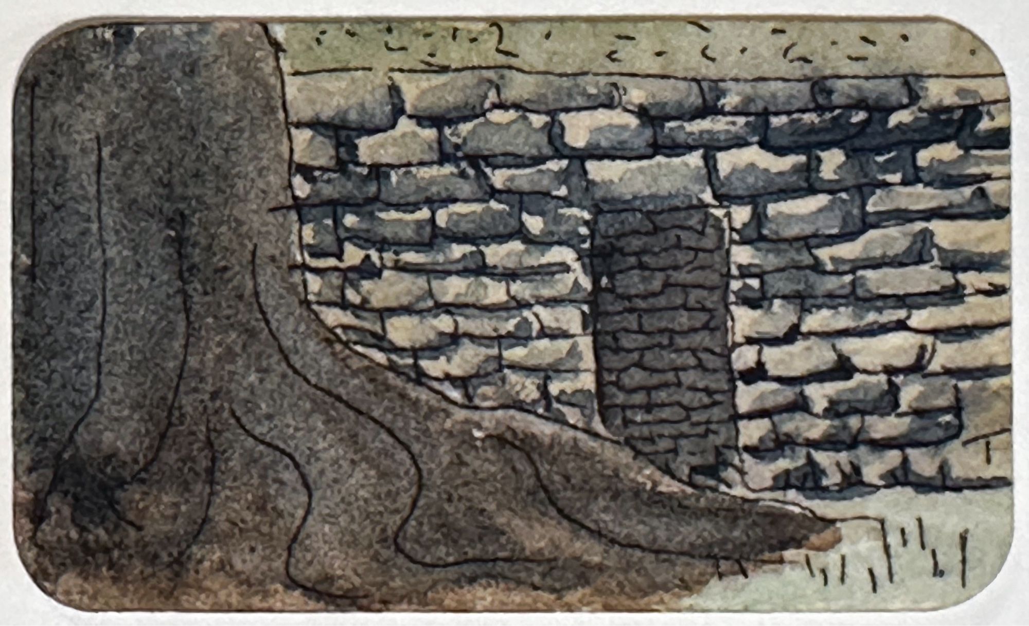 Small watercolour painting of a door in a stone wall being a large tree on Sydney Harbour.