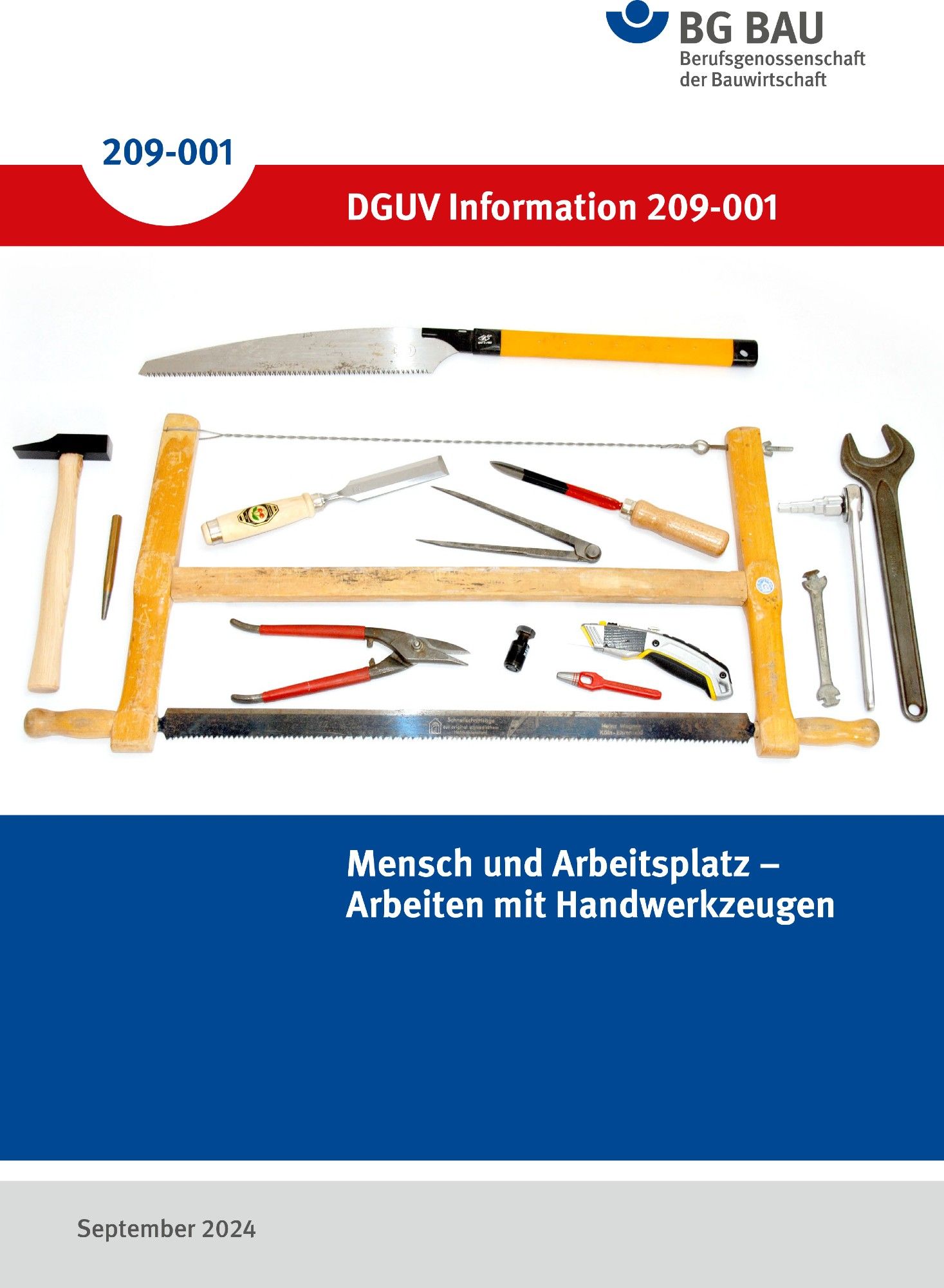 Das Cover der Broschüre Mensch und Arbeitsplatz - Arbeiten mit Handwerkzeugen zeigt viele unterschiedliche Werkzeuge wie einen Hammer, einen Cutter, einen Schraubenschlüssel, eine Säge oder eine Zange.