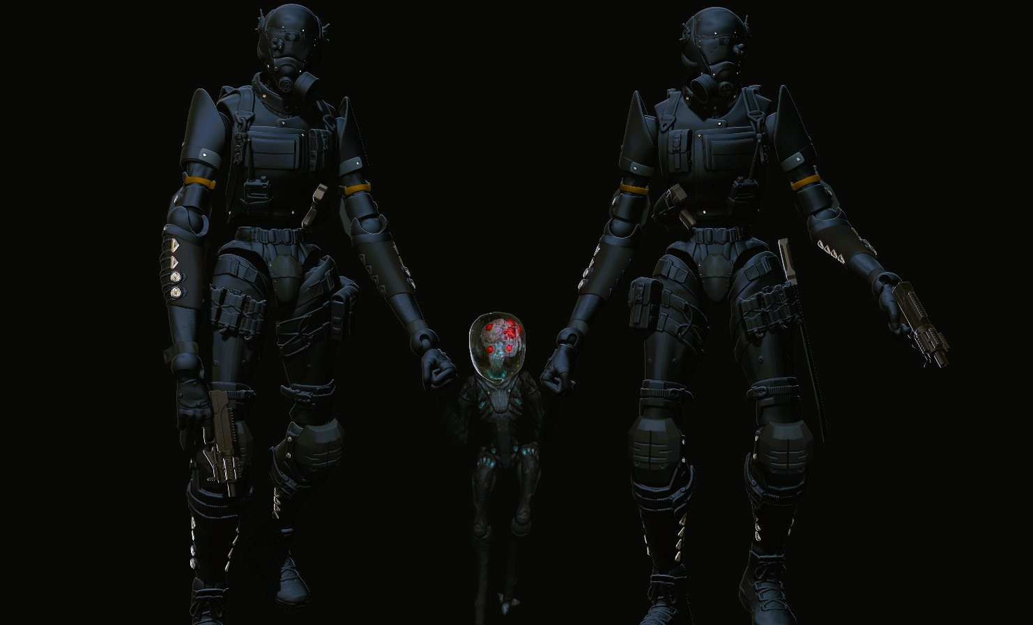 Two Eidolon soldier hold the "hands" of a small Invader, likely part of a relocation effort to protect Invader populations from humans/wildlife that may seek to harm them. 