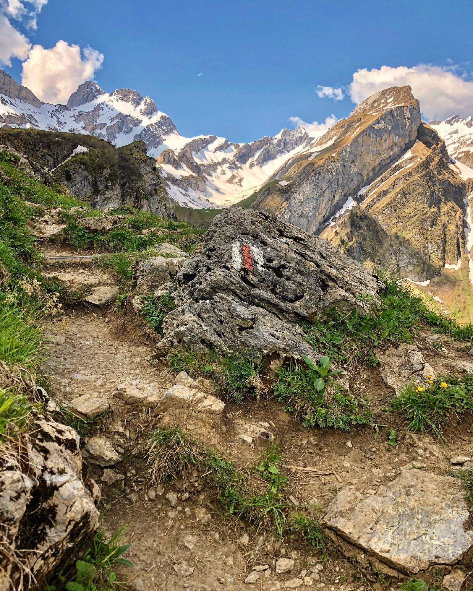 Ein felsiger Wanderweg in alpiner Landschaft. Im Vordergrund liegt ein grosser Felsblock, der mit einem rot-weissen Wanderwegzeichen markiert ist. Umgeben ist der Weg von grünen Grashalmen und kleinen Blumen. Im Hintergrund ragen schneebedeckte Gipfel in den blauen Himmel, der von ein paar weissen Wolken durchzogen ist.