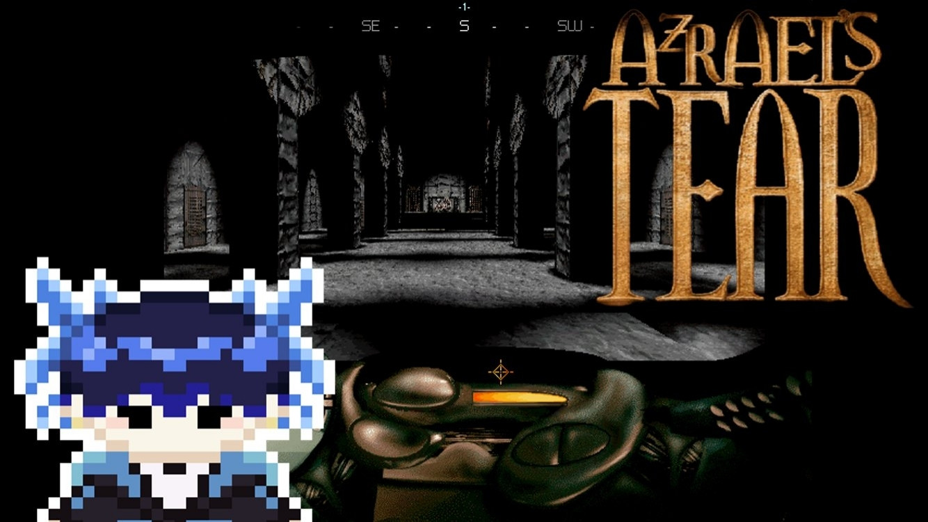 A thumbnail for the game Azrael's Tear showing the Chapel, with the game logo and a pixel art of Shinsu.