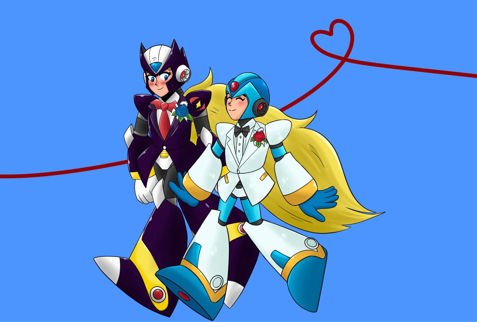 This picture is the same as the first one with X and Zero in the tuxedo style armor, however the background is a solid light-blue color with a red string behind the two extending across the screen. The string ties into the shape of a heart before going off the other side of the screen. This is similar to the "red string of fate" in East Asian mythology.