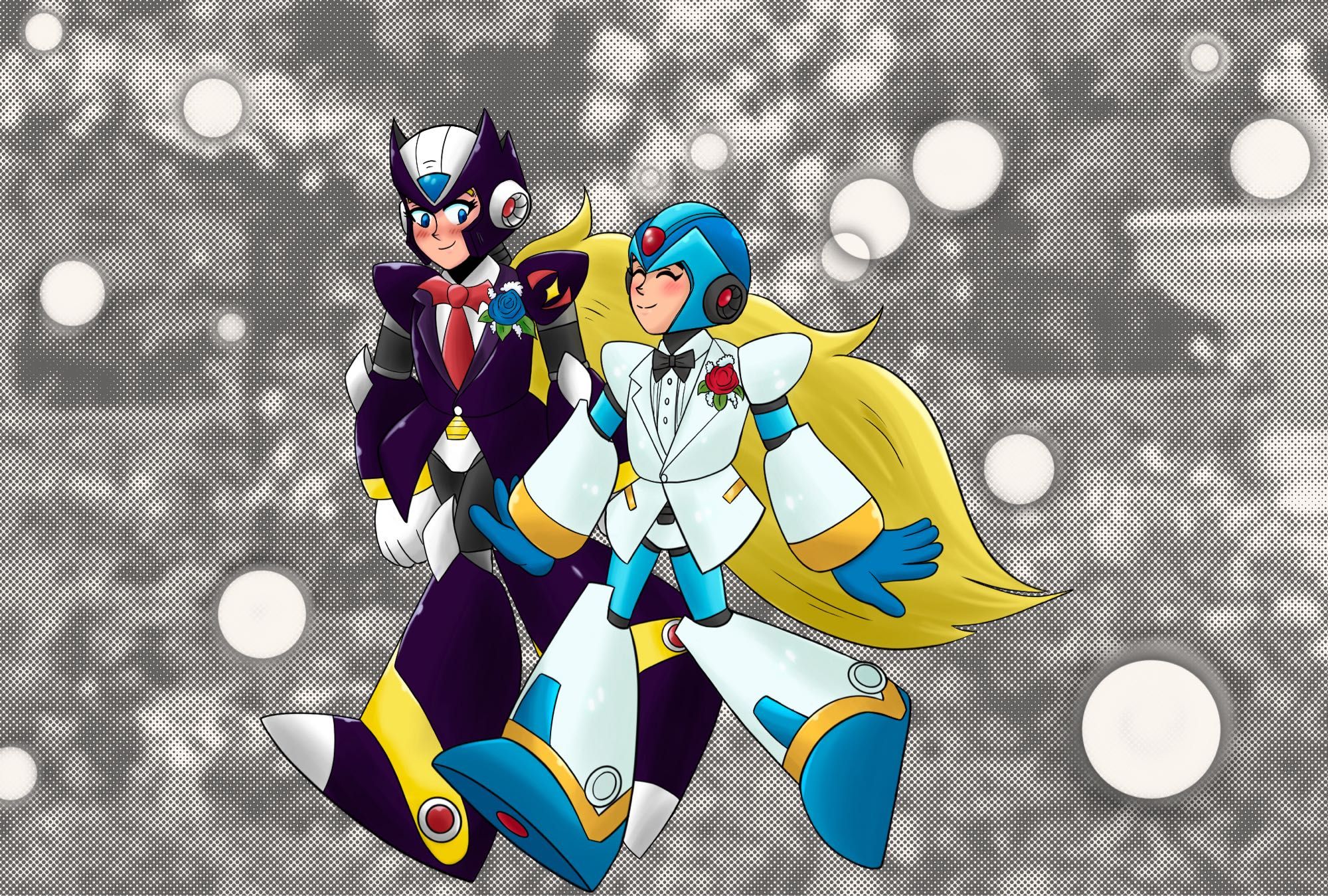 A drawing of X and Zero from the Mega Man X series walking side by side and smiling at each other while blushing. They are wearing armor different from their default sets--Zero is in dark purple armor with gold accents styled to look almost like a tuxedo, he has a bright red bat-shaped "tie" on alone with his white "shirt" and a blue rose pinned to the "jacket", his hair is trailing behind him as he walks giving the impression of a bridal veil. 

X is in armor with a similar build and color scheme to his ultimate armor from MMX1, but his is also styled to look like a tuxedo with a black "bow tie" attached to the fancy-looking "shirt". He has a red rose pinned to his "jacket".

The background is a rose garden filtered through half-tones to give the impression of screentones, floaty bubbles surround the couple.