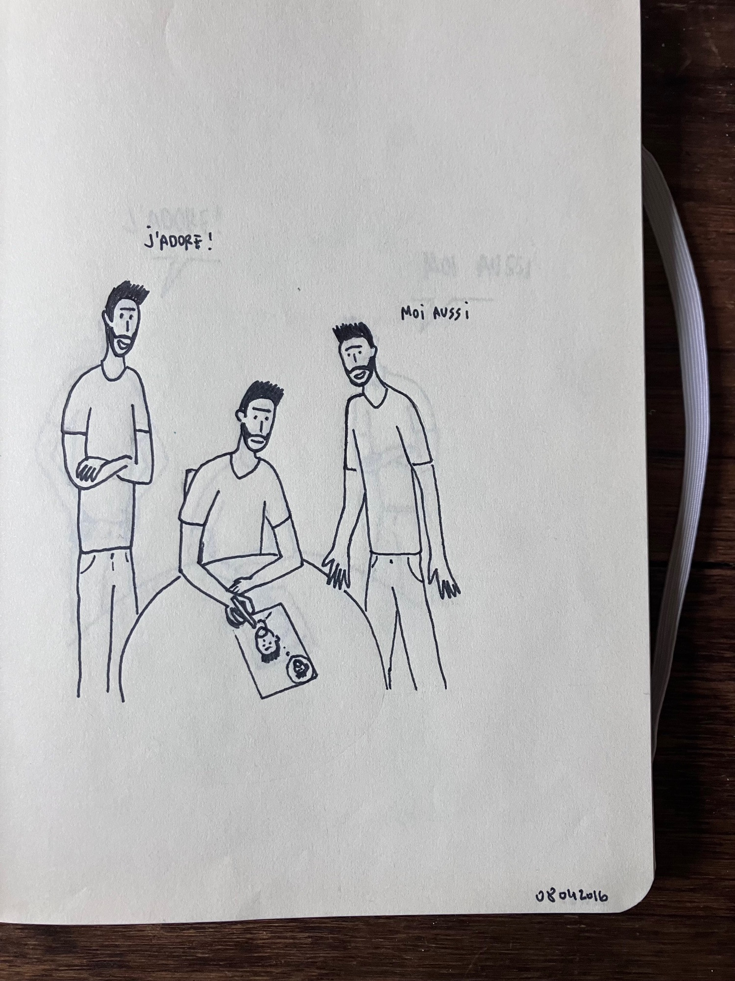 Le premier dessin du carnet : 3 personnages identiques (moi), l’un se dessine et les autres adorent