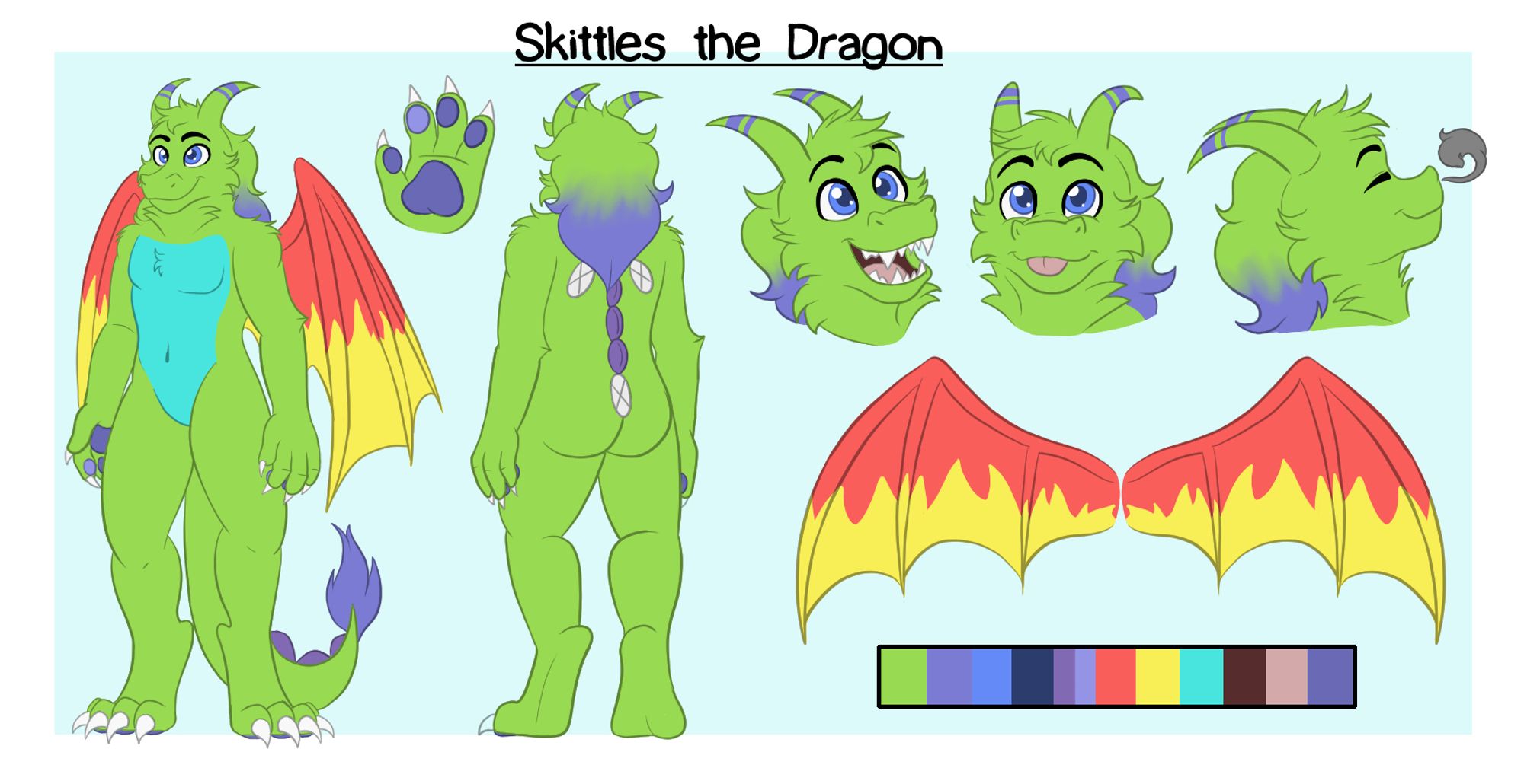 A green dragon with purple beans, and red and yellow wings, along with a number of headshots.