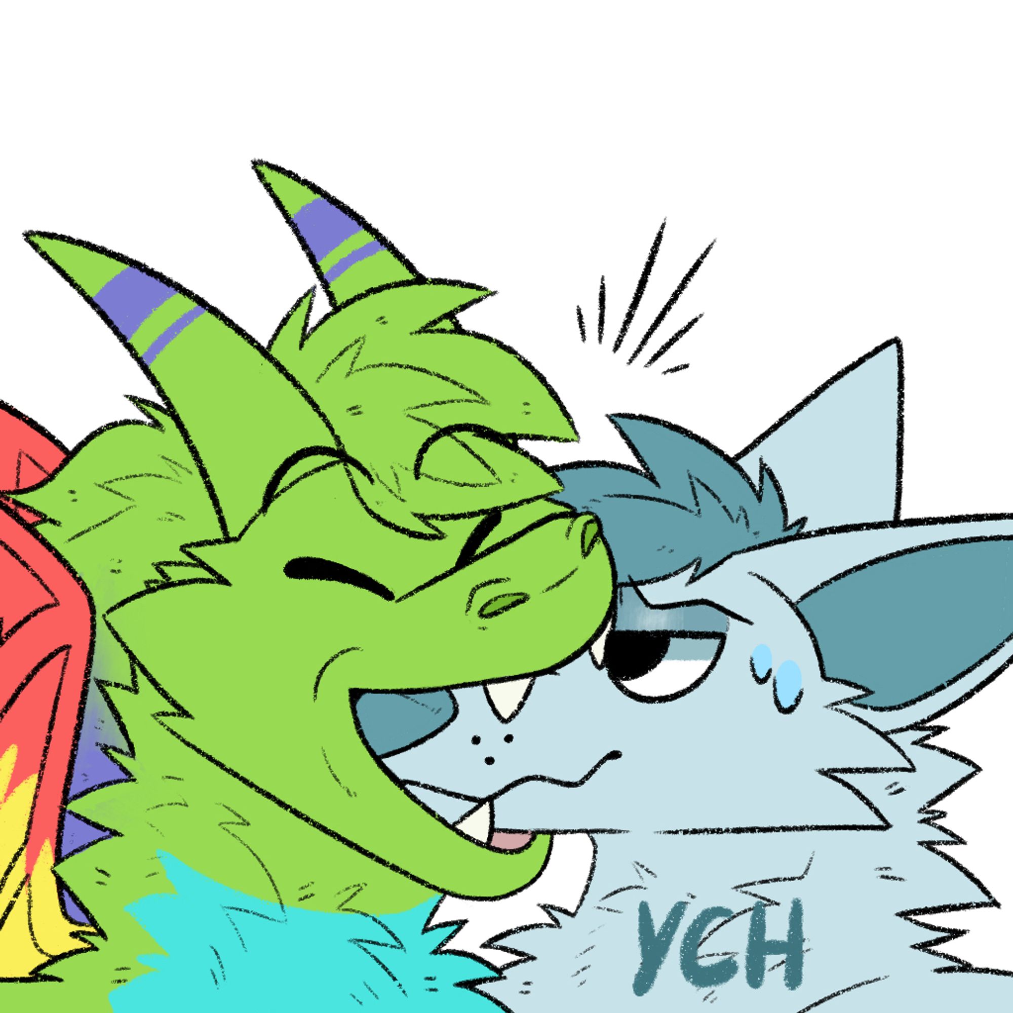 A happy green dragon giving a bit of a nibble and chomp to the snout of a YCH character.