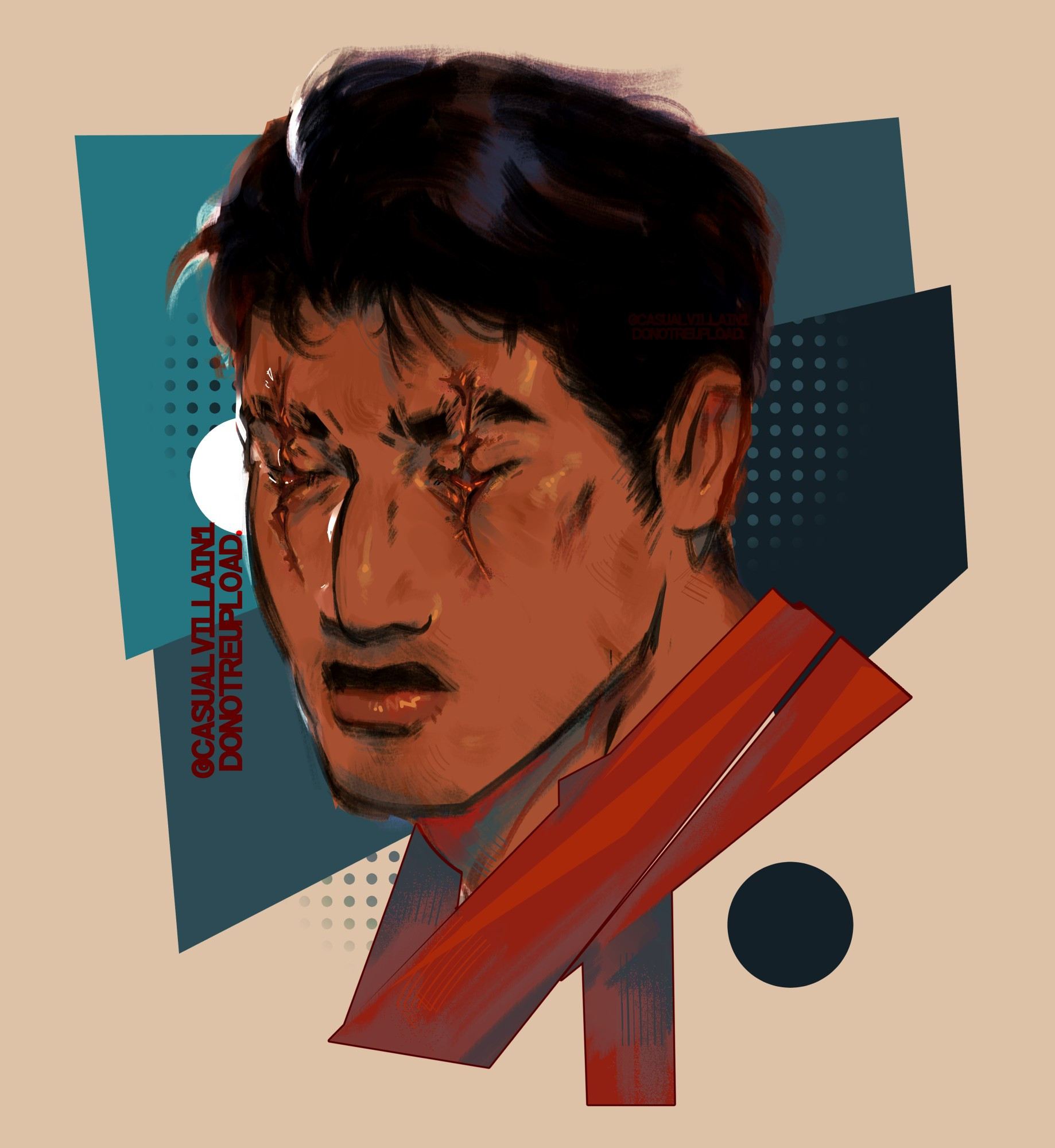 bust drawing of kenshi takahashi from mortal kombat 1, a japanese man with short black hair, light facial hair, and tan skin. he has jagged, vertical scars through both eyes. there's a red bandanna hanging around his neck. 