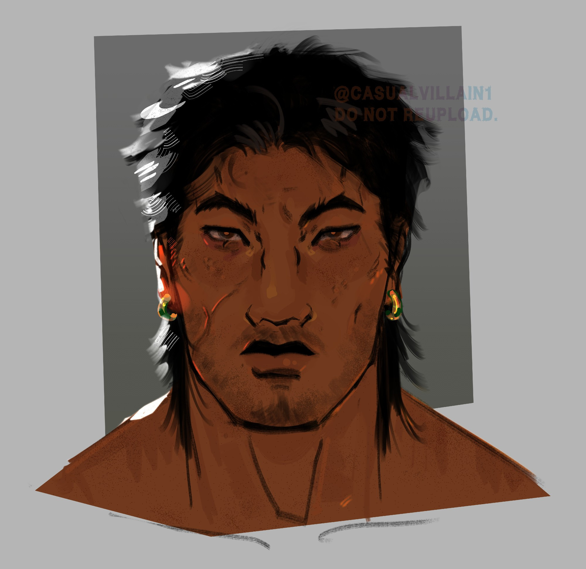 portrait of my mortal kombat oc lan xing, a northern chinese person with brown skin , brown eyes, and black hair. he has some facial hair, a scar on his left cheek, and some acne scars/freckles/moles. he's wearing two thick jade hoop earrings and his hair is a short and shaggy mullet.