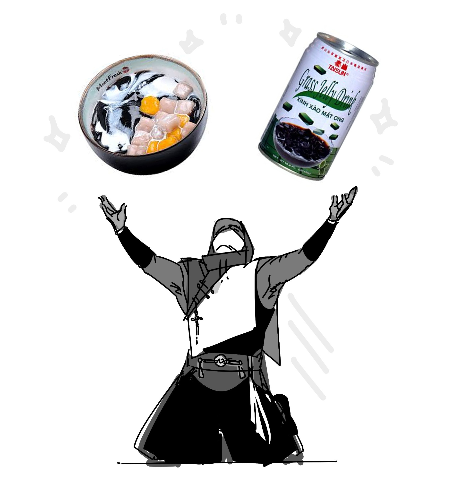 doodle of lan xing on his knees with his hands outstretched, worshipping pictures of a Meet Fresh Signature Grass Jelly Bowl and a can of grass jelly drink.