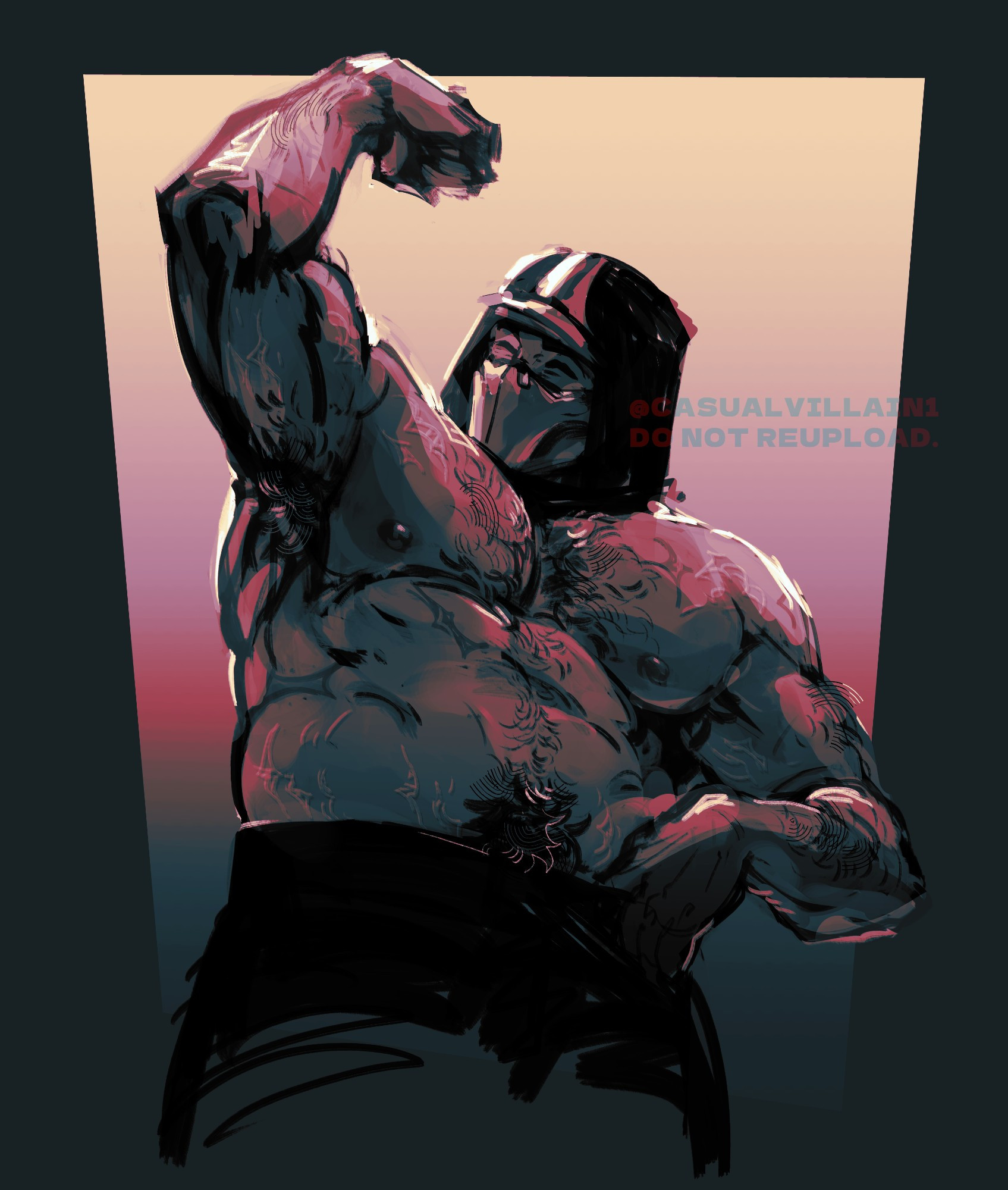 drawing of my mortal kombat lan xing looking cheerful, shirtless while flexing a bicep with one hand on his waistline. xing is wearing his hood/mask and black pants, depicted with body hair/scars/stretch marks.