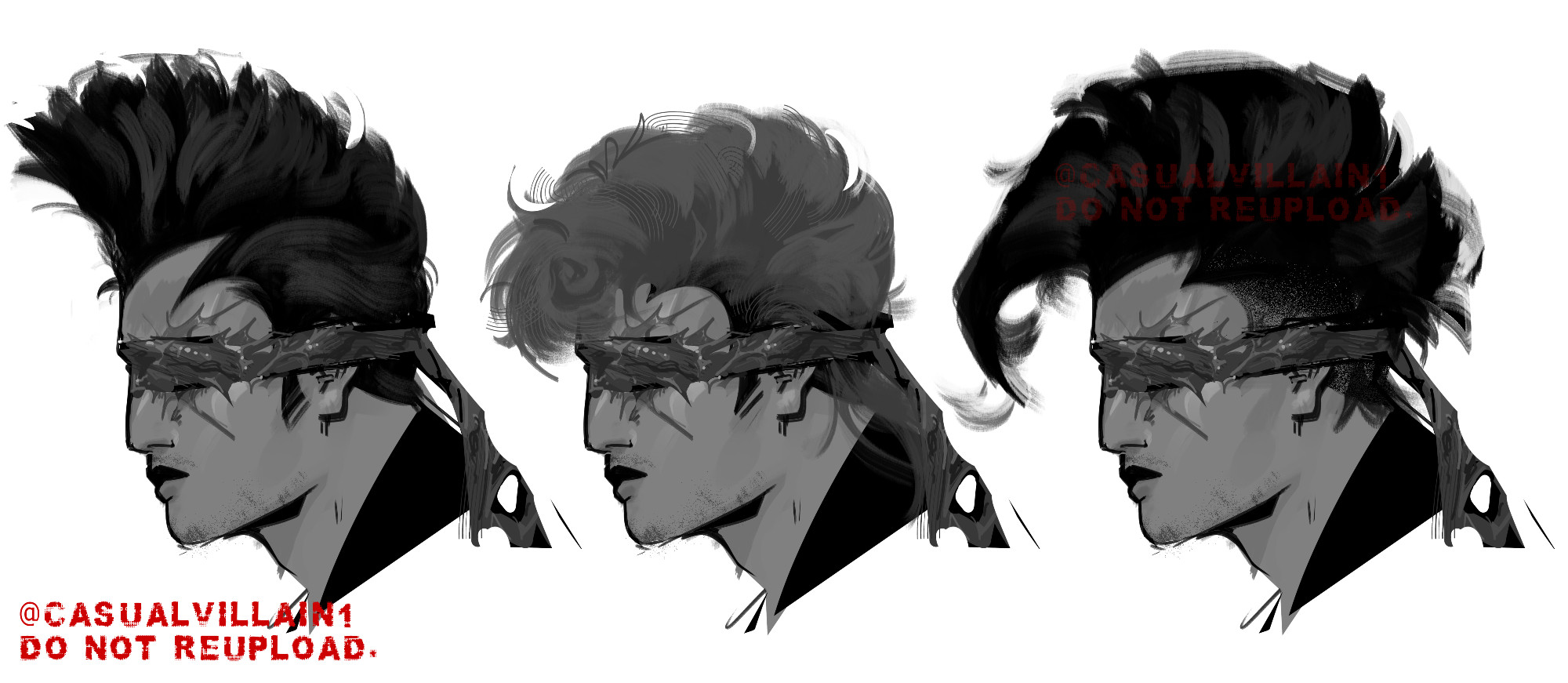 concept drawings of khaos kenshi takahashi from mortal kombat 1 with different types of pompdours/mohawks. the first is a tall black pompadour, the second a fluffy/bleached pompadour, and the last a long black mohawk. his bandanna is flayed flesh and there's more visible scarring around his eyes.