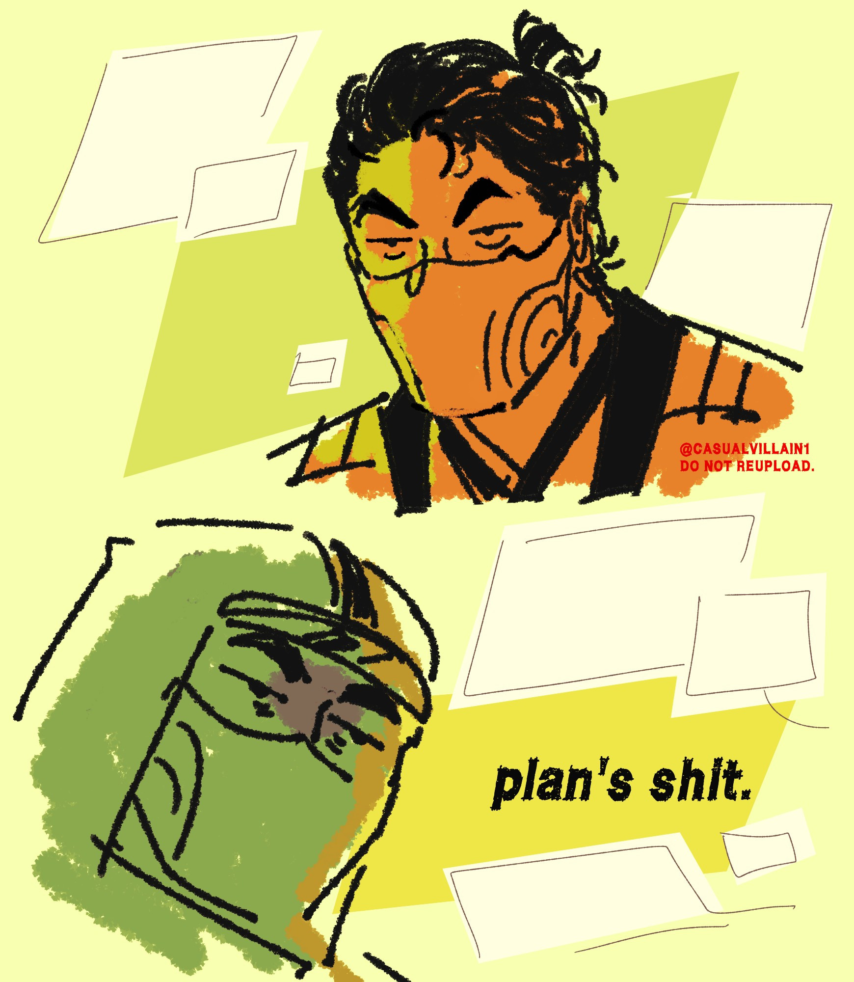 panel four shows scorpion giving xing a flat/disbelieving look. 

panel five shows xing dropping the act with a deadpan expression, reading: "plan's shit."