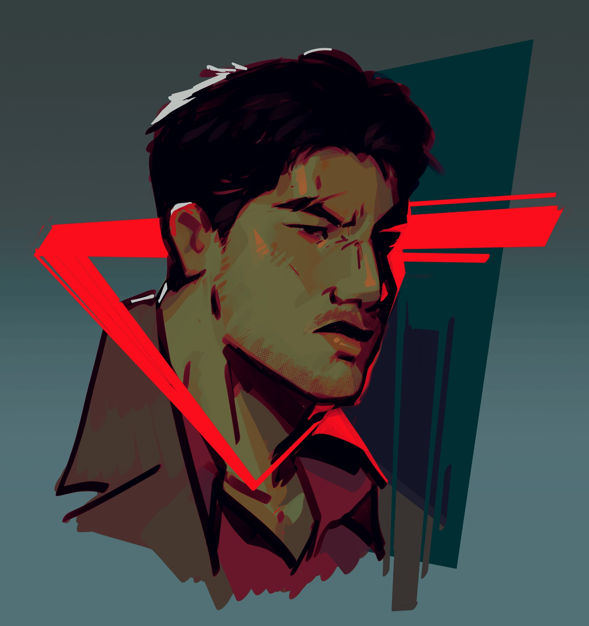 bust drawing of Kenshi from Mortal Kombat 1, looking mildly disgusted. Kenshi is depicted as a japanese man with short dark hair/tan skin and stubble- a scar through his left eyebrow. He's wearing a maroon dress shirt and dark gray suit jacket. The right side of his face is lit in red while the piece has a greenish hue.